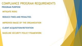 COMPLIANCE PROGRAM REQUIREMENTS
PROGRAM PURPOSE
MITIGATE RISKS
REDUCE FINES AND PENALTIES
IMPROVED IMAGE OF THE ORGANIZATION
CLIENT ACQUISITION/RETENTION
BASELINE SECURITY POLICY FRAMEWORK
 