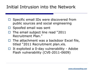 www.niiconsulting.com
Initial Intrusion into the Network
 Specific email IDs were discovered from
public sources and soci...