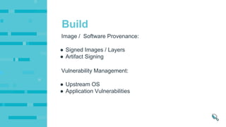 Vulnerability Management:
● Upstream OS
● Application Vulnerabilities
Image / Software Provenance:
● Signed Images / Layers
● Artifact Signing
Build
 