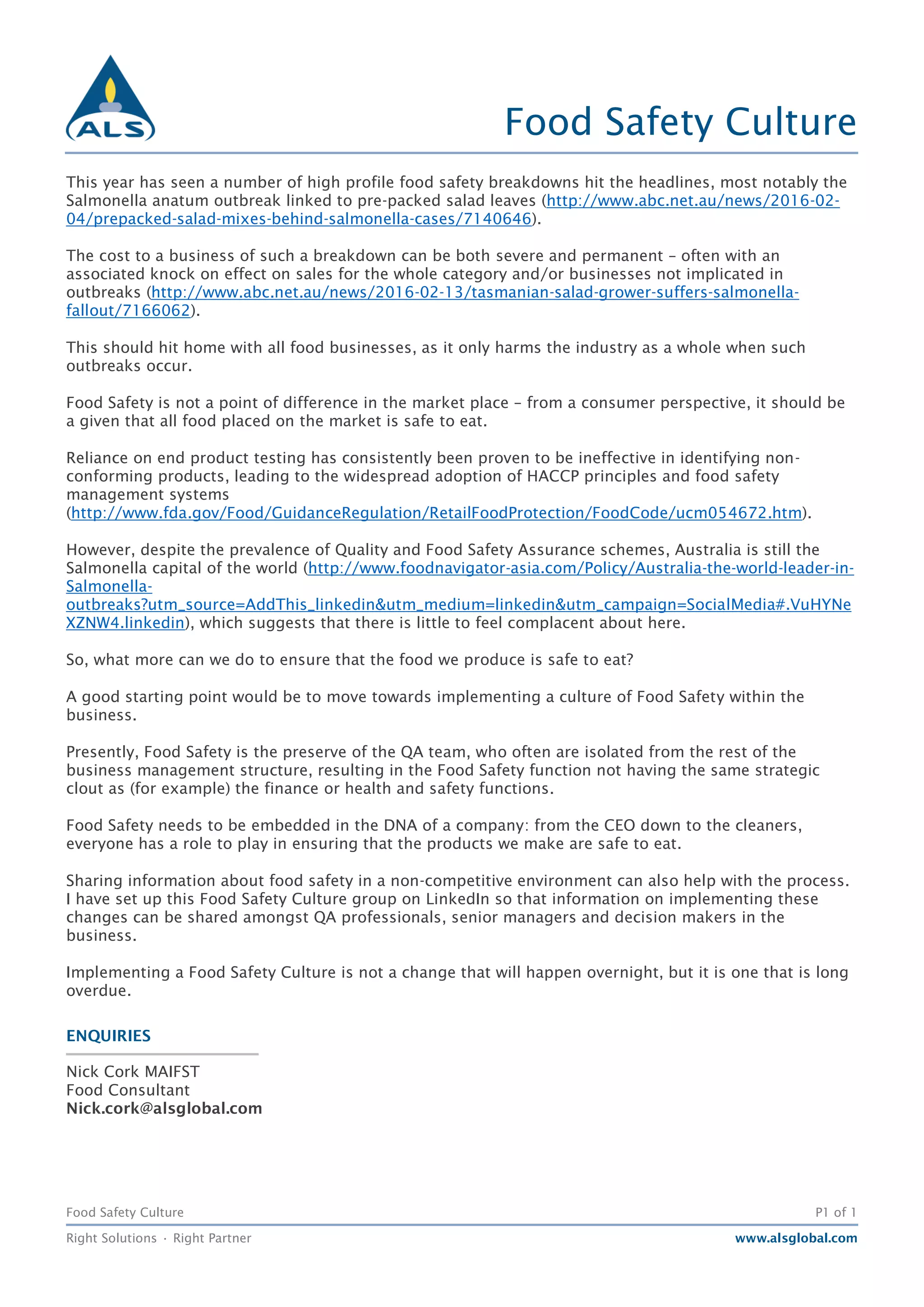 Implementing a food safety culture | PDF