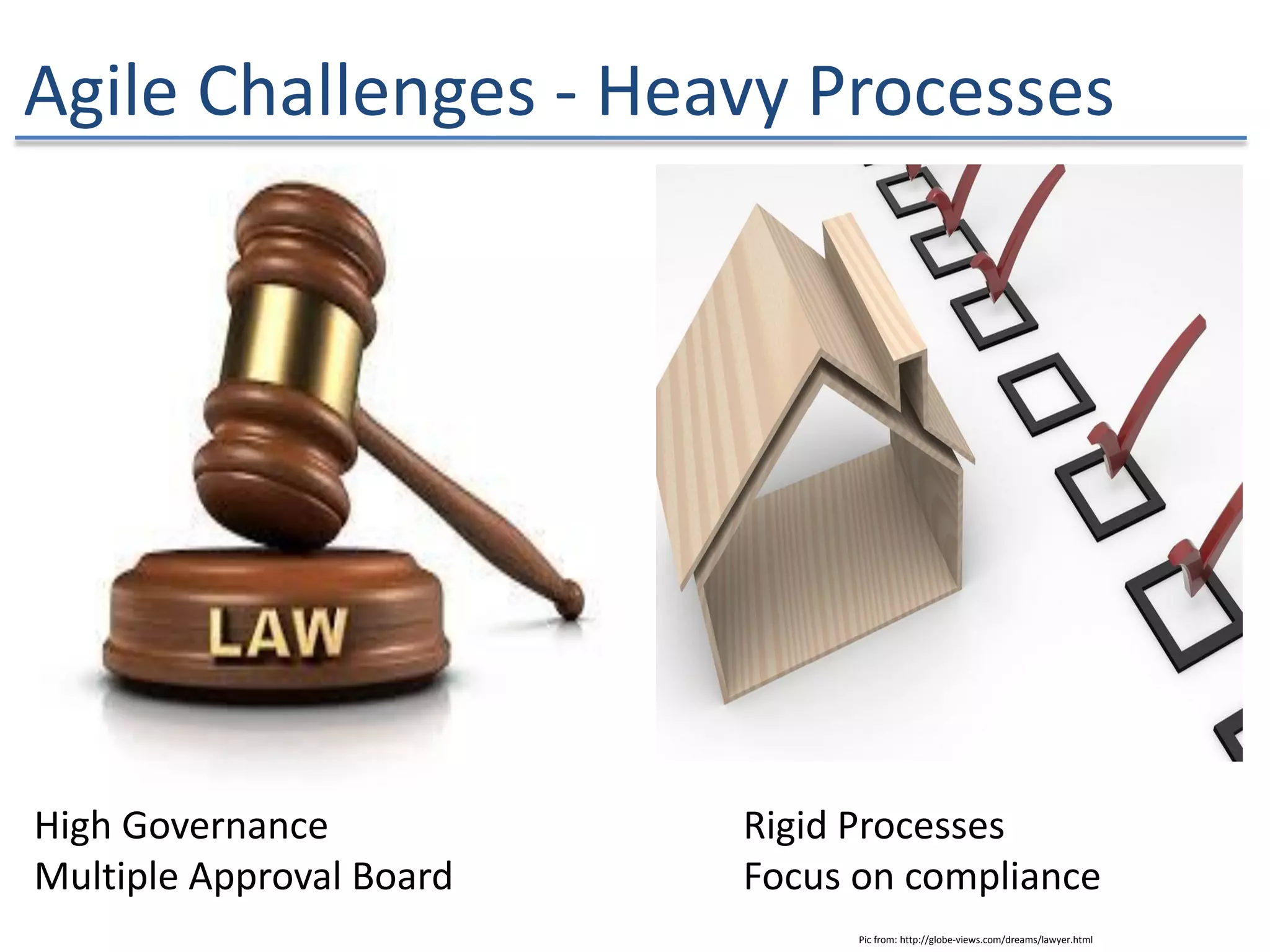 Agile Challenges - Heavy Processes
High Governance
Multiple Approval Board
Rigid Processes
Focus on compliance
Pic from: http://globe-views.com/dreams/lawyer.html
 