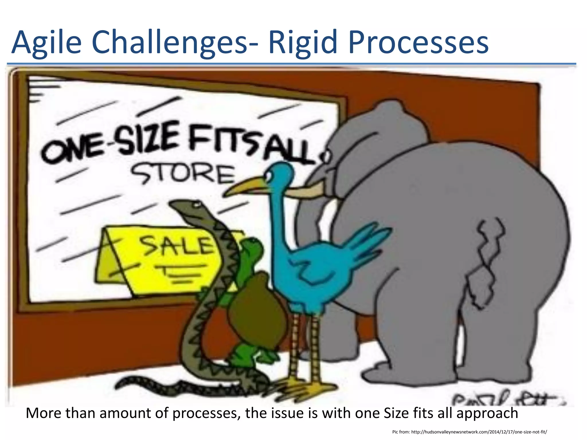 Agile Challenges- Rigid Processes
More than amount of processes, the issue is with one Size fits all approach
Pic from: http://hudsonvalleynewsnetwork.com/2014/12/17/one-size-not-fit/
 