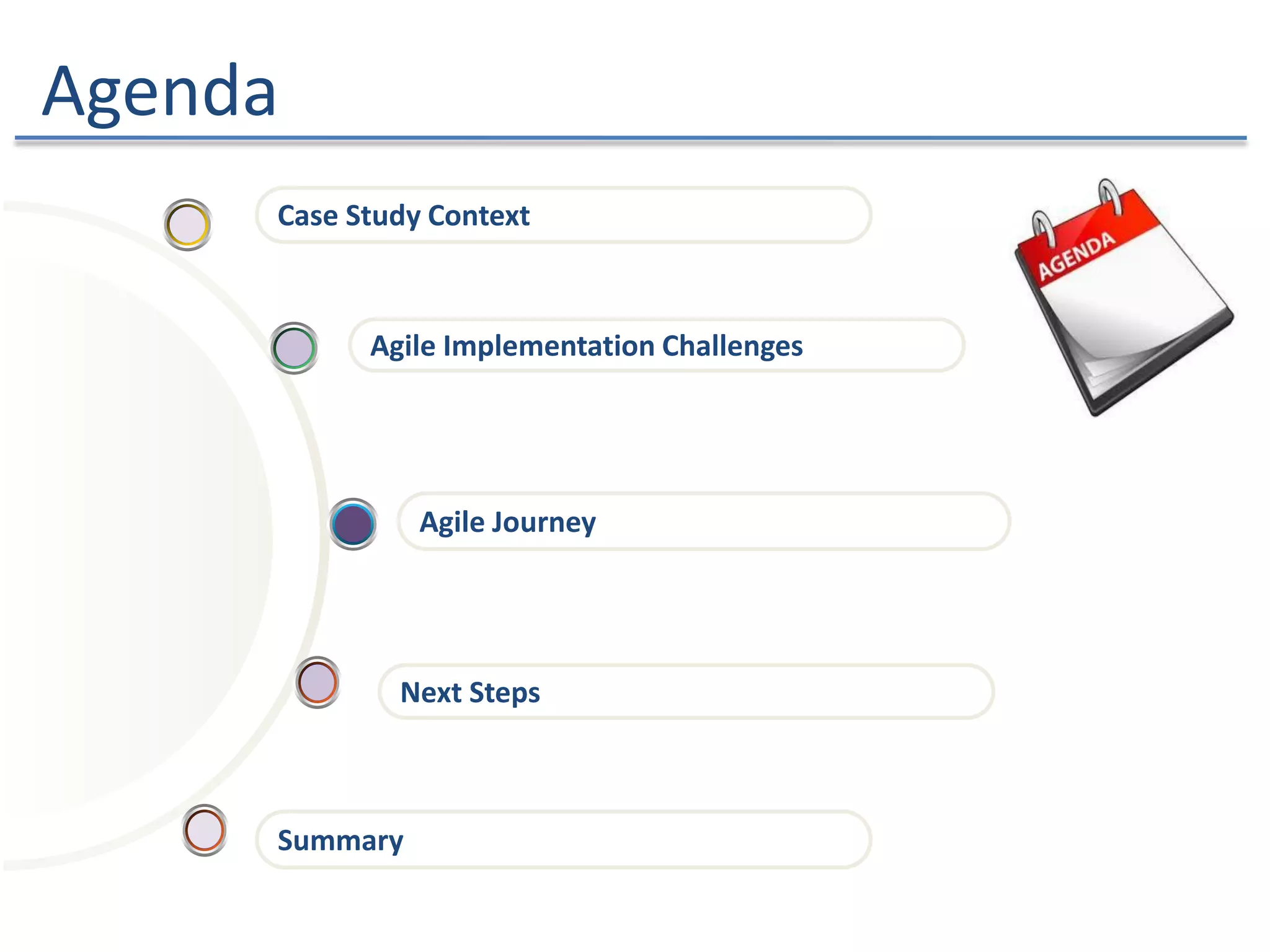 Agenda
Agile Implementation Challenges
Case Study Context
Next Steps
Agile Journey
Summary
 