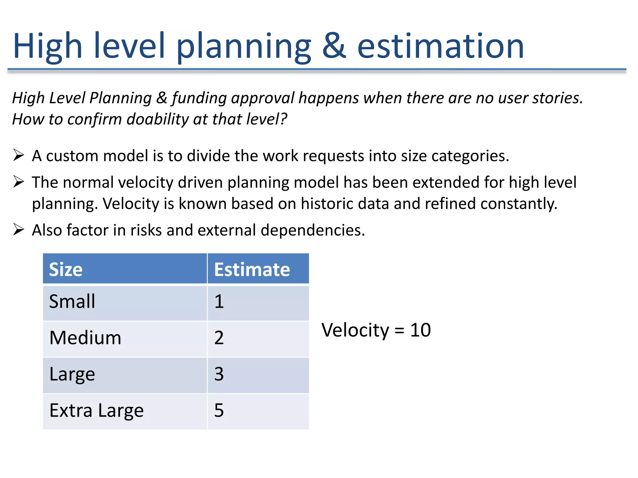 High level planning & estimation
Size Estimate
Small 1
Medium 2
Large 3
Extra Large 5
Velocity = 10
High Level Planning & funding approval happens when there are no user stories.
How to confirm doability at that level?
 A custom model is to divide the work requests into size categories.
 The normal velocity driven planning model has been extended for high level
planning. Velocity is known based on historic data and refined constantly.
 Also factor in risks and external dependencies.
 