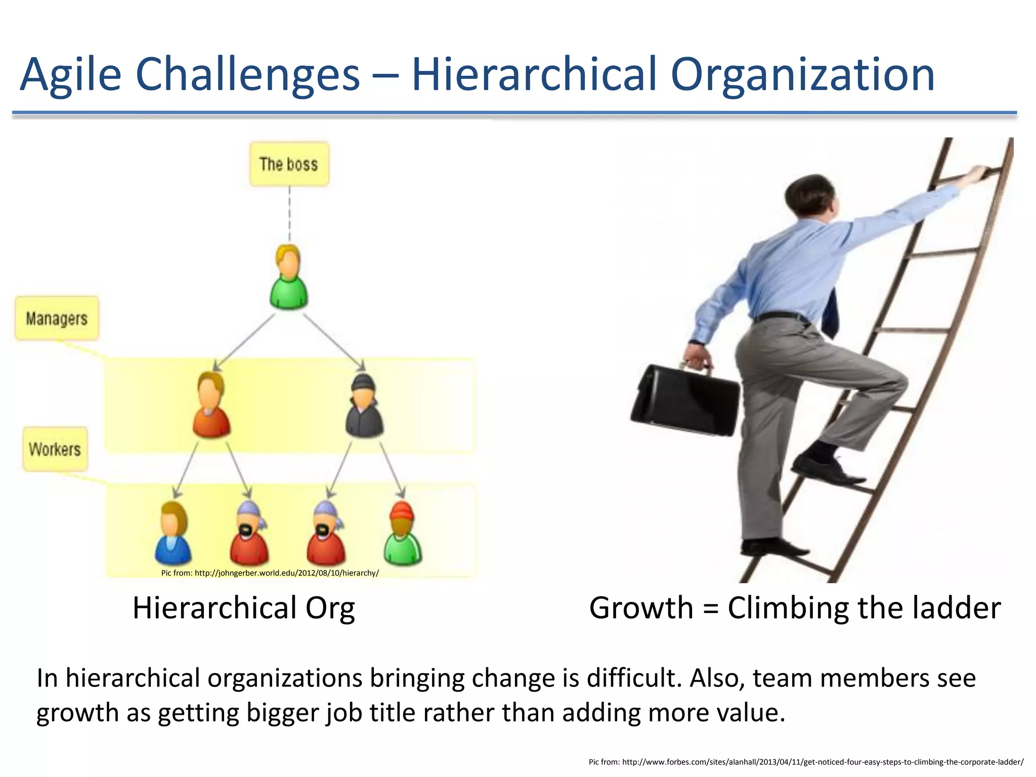 Agile Challenges – Hierarchical Organization
Hierarchical Org Growth = Climbing the ladder
Pic from: http://johngerber.world.edu/2012/08/10/hierarchy/
Pic from: http://www.forbes.com/sites/alanhall/2013/04/11/get-noticed-four-easy-steps-to-climbing-the-corporate-ladder/
In hierarchical organizations bringing change is difficult. Also, team members see
growth as getting bigger job title rather than adding more value.
 