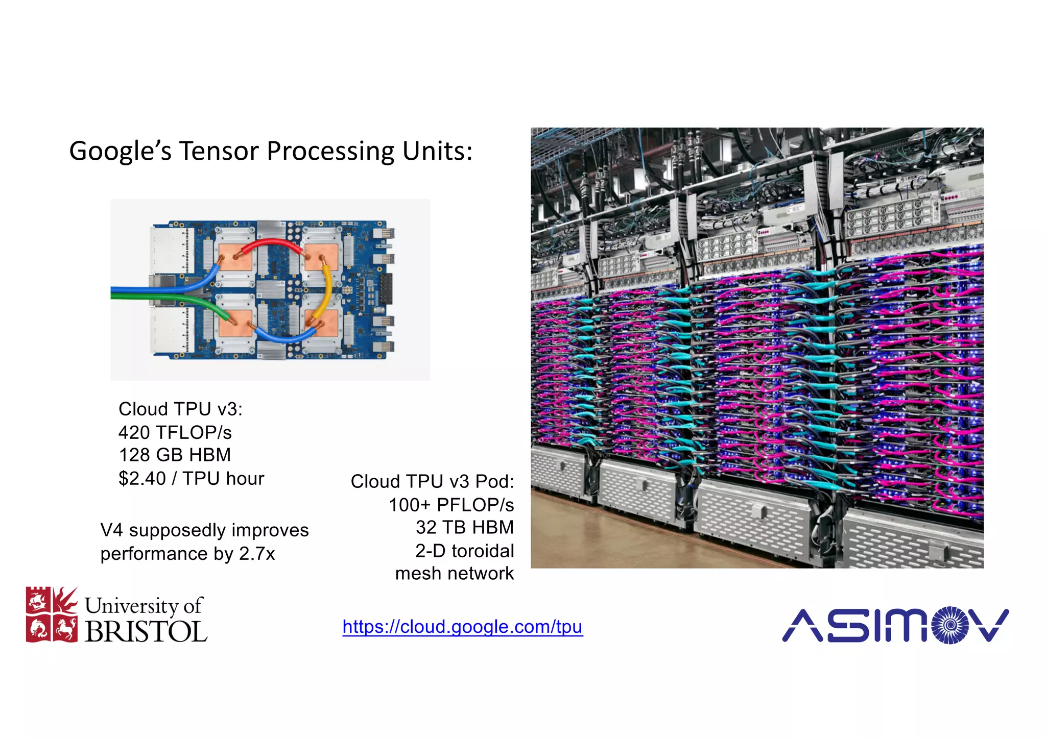Google’s Tensor Processing Units:
http://uob-hpc.github.iohttps://cloud.google.com/tpu
Cloud TPU v3:
420 TFLOP/s
128 GB HBM
$2.40 / TPU hour Cloud TPU v3 Pod:
100+ PFLOP/s
32 TB HBM
2-D toroidal
mesh network
V4 supposedly improves
performance by 2.7x
 