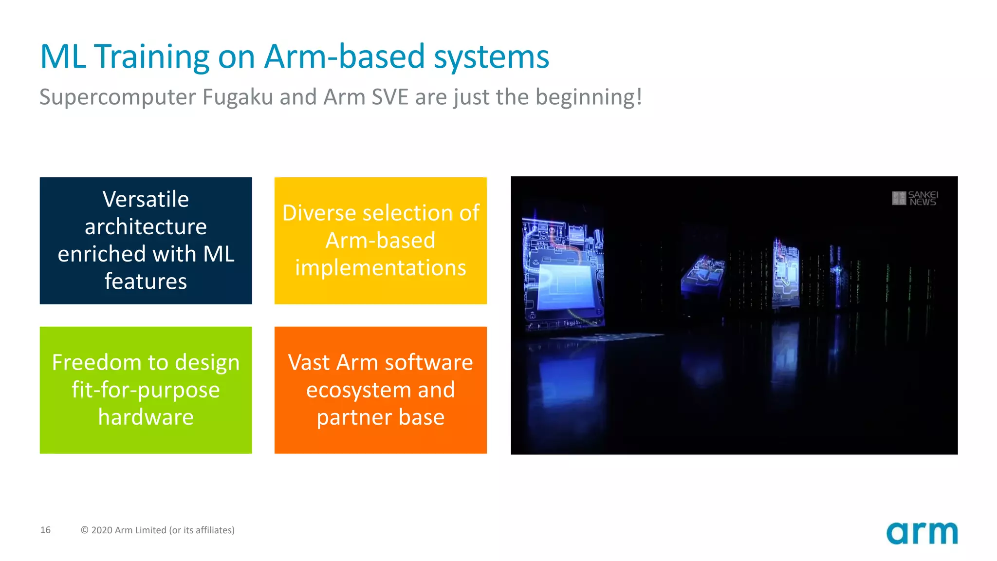 16 © 2020 Arm Limited (or its affiliates)
ML Training on Arm-based systems
Supercomputer Fugaku and Arm SVE are just the beginning!
Versatile
architecture
enriched with ML
features
Diverse selection of
Arm-based
implementations
Freedom to design
fit-for-purpose
hardware
Vast Arm software
ecosystem and
partner base
 