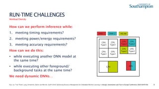 8
RUN-TIME CHALLENGES
WorkloadDiversity
How can we perform inference while:
1. meeting timing requirements?
2. meeting power/energy requirements?
3. meeting accuracy requirements?
How can we do this:
• while executing another DNN model at
the same time?
• while executing other foreground/
background tasks at the same time?
We need dynamic DNNs…
Xun, Lei, Tran-Thanh, Long, Al-Hashimi, Bashir and Merrett, Geoff (2020) Optimising Resource Management for Embedded Machine Learning. In Design, Automation and Test in Europe Conference 2020 (DATE'20).
CPU
Type1
CPU
Type2
GPU
CPU
Type1
CPU
Type1
CPU
Type1
CPU
Type2
CPU
Type2
CPU
Type2
NPU
DNN 1 DNN 2 VR/AR
 