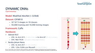 10
DYNAMIC DNNs
ExperimentalSetup
Model: Modified AlexNet (~320kB)
Dataset: CIFAR10
– 32*32*3 images in 10 classes
– 50,000 training and 10,000 testing images
Framework: Caffe
Hardware:
• Odroid XU3
– CPU: 4x Arm A15 ( f = 0.2–2 GHz ) + 4x Arm A7 ( f = 0.2–1.4 GHz )
– GPU: Mali-T628 ( not used in these experiments )
• Nvidia Jetson Nano
– CPU: 4x Arm A57 ( f = 0.9, 1.4 GHz )
– GPU: 128x CUDA core Maxwell ( f = 0.6, 0.9 GHz )
Xun, Lei, Tran-Thanh, Long, Al-Hashimi, Bashir and Merrett, Geoff (2020) Incremental Training and Group Convolution Pruning for
Runtime DNN Performance Scaling on Heterogeneous Embedded Platforms. In Workshop on Machine Learning for CAD (MLCAD’19).
 