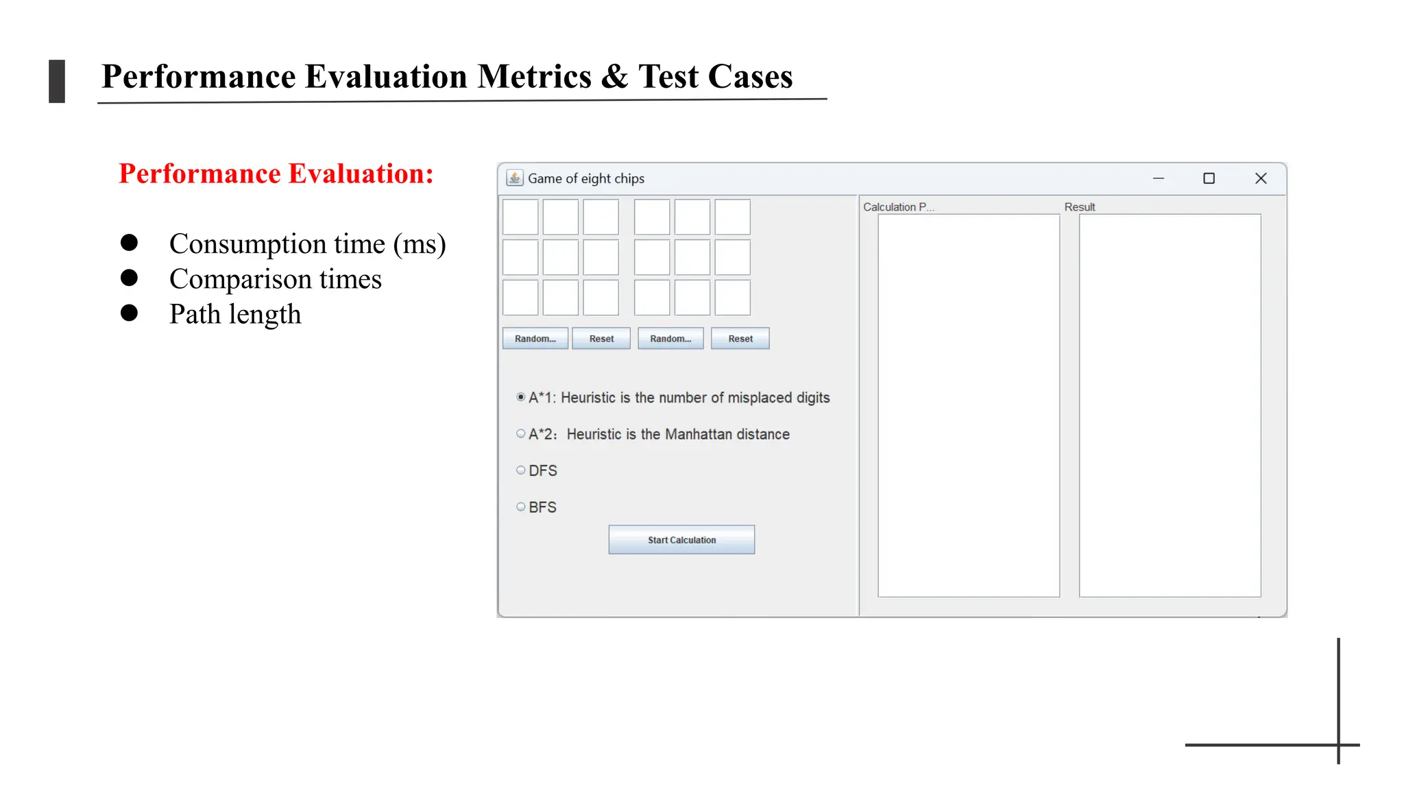 Performance Evaluation Metrics & Test Cases
Performance Evaluation:
 Consumption time (ms)
 Comparison times
 Path length
 