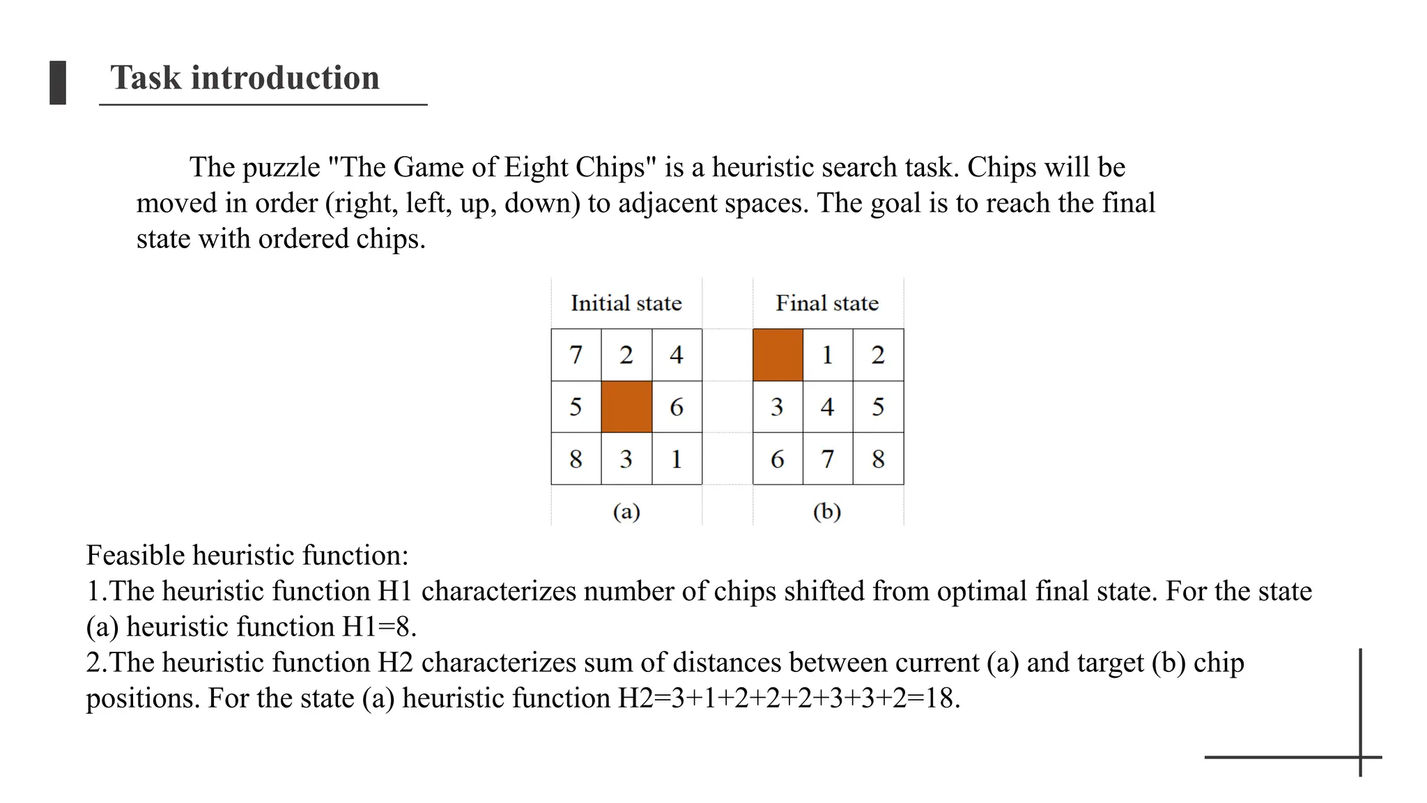Task introduction
The puzzle "The Game of Eight Chips" is a heuristic search task. Chips will be
moved in order (right, left, up, down) to adjacent spaces. The goal is to reach the final
state with ordered chips.
Feasible heuristic function:
1.The heuristic function H1 characterizes number of chips shifted from optimal final state. For the state
(a) heuristic function H1=8.
2.The heuristic function H2 characterizes sum of distances between current (a) and target (b) chip
positions. For the state (a) heuristic function H2=3+1+2+2+2+3+3+2=18.
 