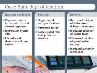 Case: State dept of taxation
Business challenges Solution Benefits
Paper tax returns
increased costs and
slowed responses
Information system
silos
Manual fraud
detection and return
review
Single central
taxpayer database
Integrated system
Sophisticated real-
time predictive
analytics
Recovered millions
of dollars from
dubious tax returns
Increased collection
of unpaid taxes
Decreased number
of questionable
returns
Increased customer
satisfaction
©2009-2017 Decision Management Solutions 42
 