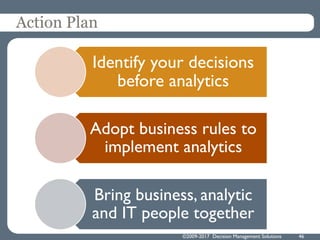©2009-2017 Decision Management Solutions 46
Action Plan
Identify your decisions
before analytics
Adopt business rules to
implement analytics
Bring business, analytic
and IT people together
 