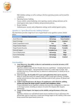 189 | P a g e
SQL database settings as well as setting so the host operating systems can be tested for
compliance.
 Operating System Auditing
Access control, system hardening, error reporting, security settings and more can be
tested against many types of industry and government policies.
 Router Auditing
Authentication, security and configuration settings can be audited against a policy.
Agentless vs. Agent-Based Security Auditing Solutions
The chart below provides a high level view of agent-based versus agentless systems; details
follow.
Solution Characteristic Agentless Agent-Based
Asset Discovery Advantage None/Limited
Asset Coverage Advantage Limited
Audit Comprehensiveness Par Par
Target System Impact Advantage Variable
Target System Security Advantage Variable
Network Impact Variable/Low Low
Cost of Deployment Advantage High
Cost of Ownership Advantage High
Scalability Advantage Limited
Functionalities:
1. Asset Discovery: the ability to discover and maintain an accurate inventory of IT
assets and applications.
Agentless solutions typically have broader discovery capabilities – including both active
and passive technologies – that permit them to discover a wider range of assets. This
includes discovery of assets that may be unknown to administrators or should not be on
your network.
2. Asset Coverage: the breadth of IT assets and applications that can be assessed.
Many IT assets that need to be audited simply cannot accept agent software. Examples
include network devices like routers and switches, point-of-sale systems, IP phones and
many firewalls.
3. Audit Comprehensiveness: the degree of completeness with which the auditing
system can assess the target system’s security and compliance status.
Using credentialed access, agentless solutions can assess any configuration or data item
on the target system, including an analysis of system file integrity (file integrity
monitoring).
4. Target System Impact: the impact on the stability and performance of the scan
target.
Agentless solutions use well-defined remote access interfaces to log in and retrieve the
desired data, and as a result have a much more benign impact on the stability of the assets
being scanned than agent-based systems do.
 