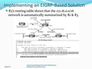 R3’s routing table shows that the 172.16.0.0/16
network is automatically summarized by R1 & R3
08/28/13
Instructional Design-Computer Networking -
Bridges Educational Group
Implementing an EIGRP-Based Solution
 
