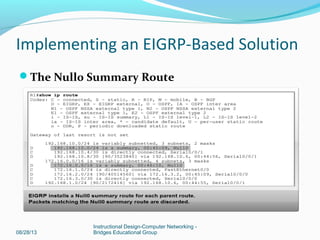 The Null0 Summary Route
08/28/13
Instructional Design-Computer Networking -
Bridges Educational Group
Implementing an EIGRP-Based Solution
 