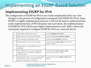 Implementing EIGRP for IPv6
The configuration of EIGRP for IPv6 is not overly complicated; there are a few
changes to the process of configuration compared with EIGRP (for IPv4). Since
EIGRP is a highly implemented protocol, it will not be hard to understand that
as the implementation of IPv6 becomes more prevalent, the implementation
of EIGRP for IPv6 will become highly implemented as well. Table 1 shows the
commands required to configure EIGRP for IPv6 on a network device.
08/28/13
Instructional Design-Computer Networking -
Bridges Educational Group
Implementing an EIGRP-Based Solution
 