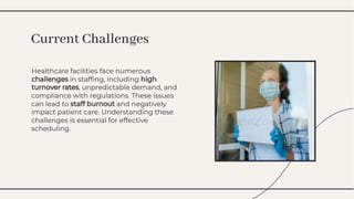 Healthcare facilities face numerous
challenges in stafﬁng, including high
turnover rates, unpredictable demand, and
compliance with regulations. These issues
can lead to staff burnout and negatively
impact patient care. Understanding these
challenges is essential for effective
scheduling.
Healthcare facilities face numerous
challenges in stafﬁng, including high
turnover rates, unpredictable demand, and
compliance with regulations. These issues
can lead to staff burnout and negatively
impact patient care. Understanding these
challenges is essential for effective
scheduling.
Current Challenges
Current Challenges
 