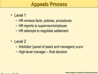 Herman Aguinis, University of Colorado at Denver
Appeals ProcessAppeals Process
• Level 1
– HR reviews facts, policies, procedures
– HR reports to supervisor/employee
– HR attempts to negotiate settlement
• Level 2
– Arbitrator (panel of peers and managers) and/or
– High-level manager – final decision
 