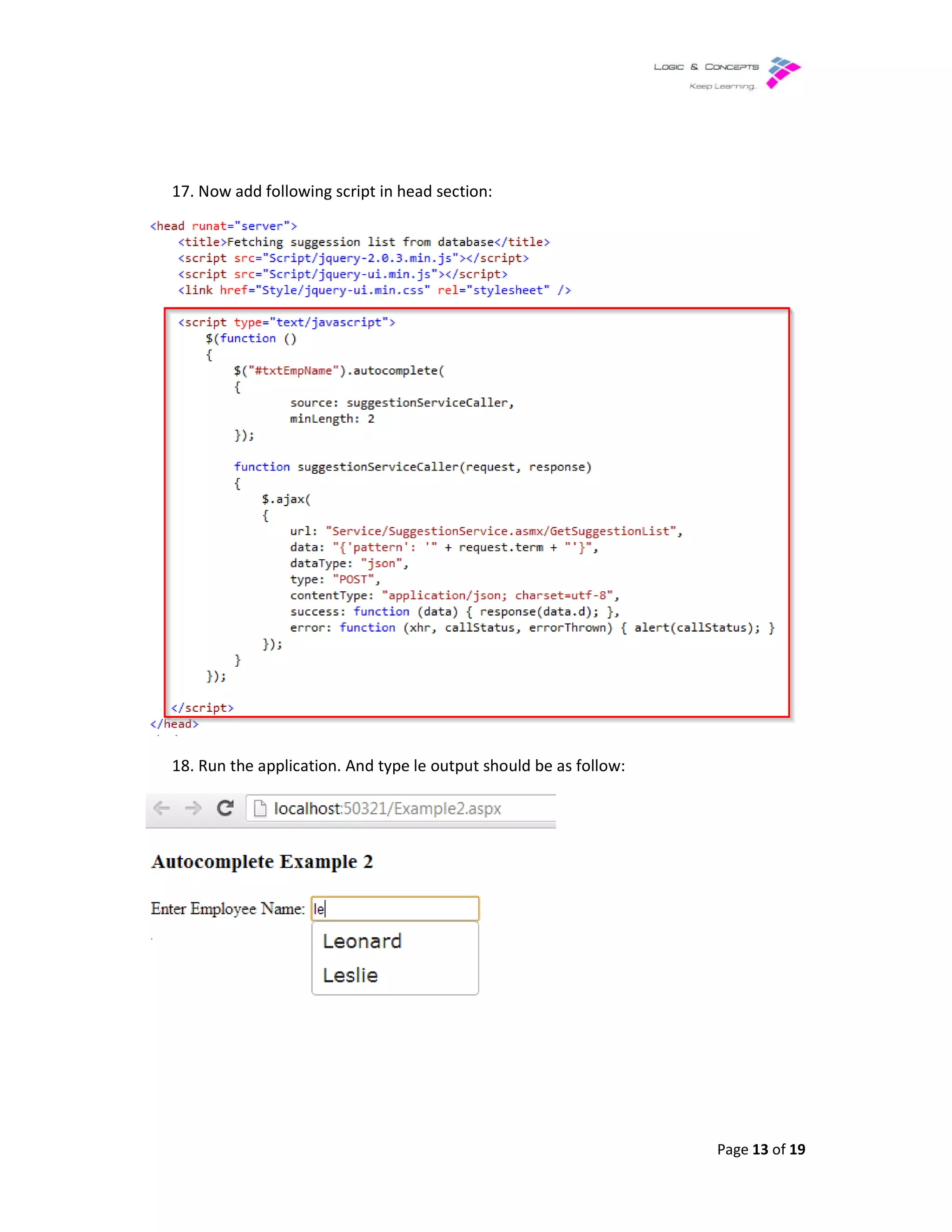 17. Now add following script in head section:
18. Run the application. And type le output should be as follow:
script in head section:
Run the application. And type le output should be as follow:
Page 13 of 19
 