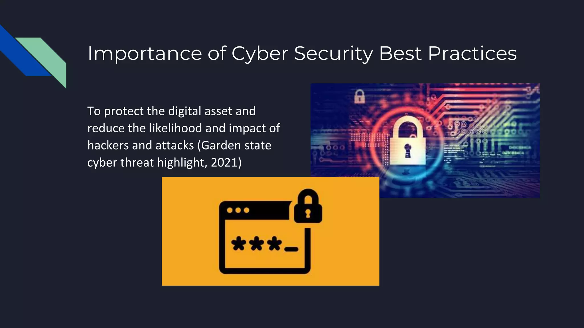 Importance of Cyber Security Best Practices
To protect the digital asset and
reduce the likelihood and impact of
hackers and attacks (Garden state
cyber threat highlight, 2021)
 