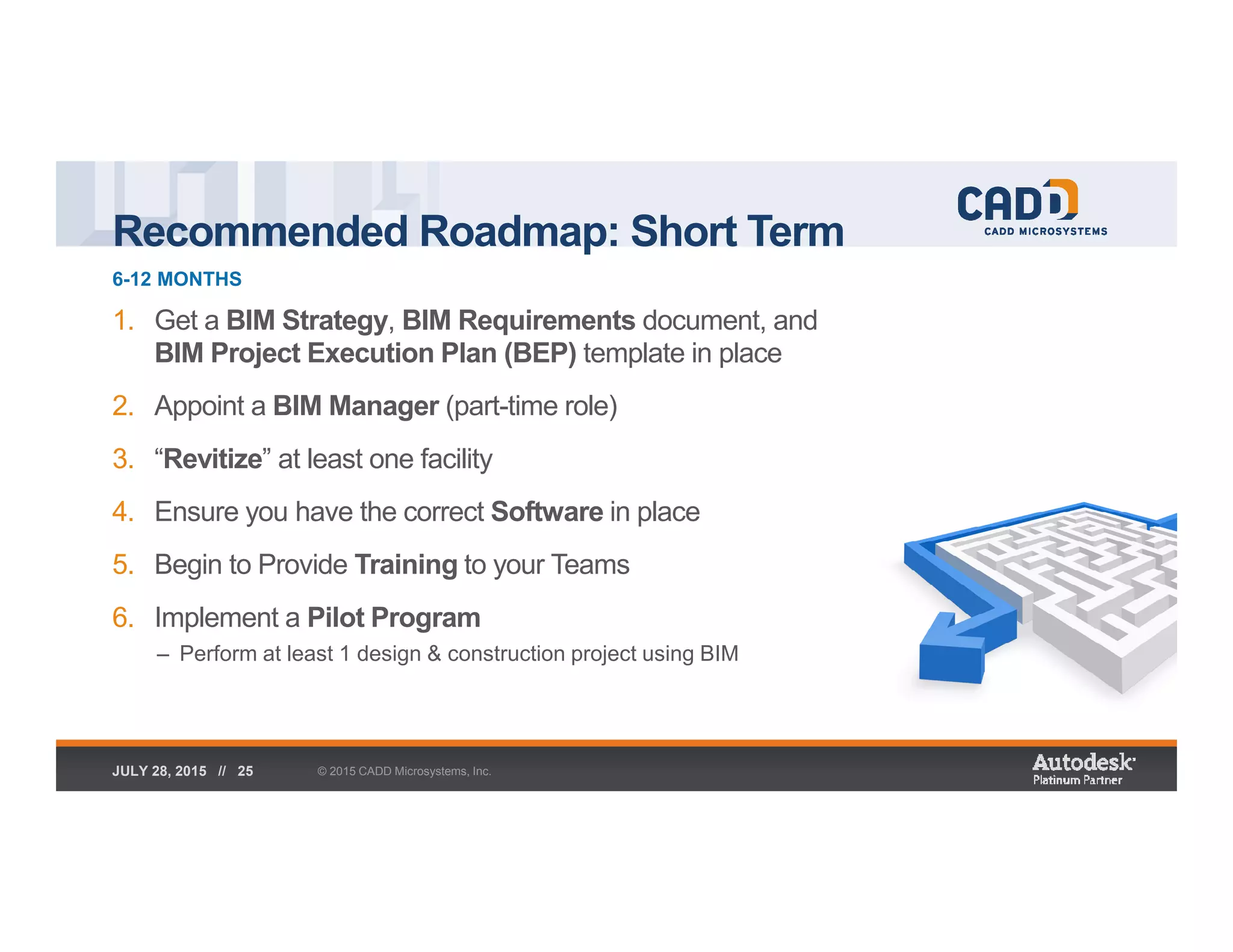 Recommended Roadmap: Short Term
6-12 MONTHS
© 2015 CADD Microsystems, Inc.JULY 28, 2015 // 25
1. Get a BIM Strategy, BIM Requirements document, and
BIM Project Execution Plan (BEP) template in place
2. Appoint a BIM Manager (part-time role)
3. “Revitize” at least one facility
4. Ensure you have the correct Software in place
5. Begin to Provide Training to your Teams
6. Implement a Pilot Program
– Perform at least 1 design & construction project using BIM
 