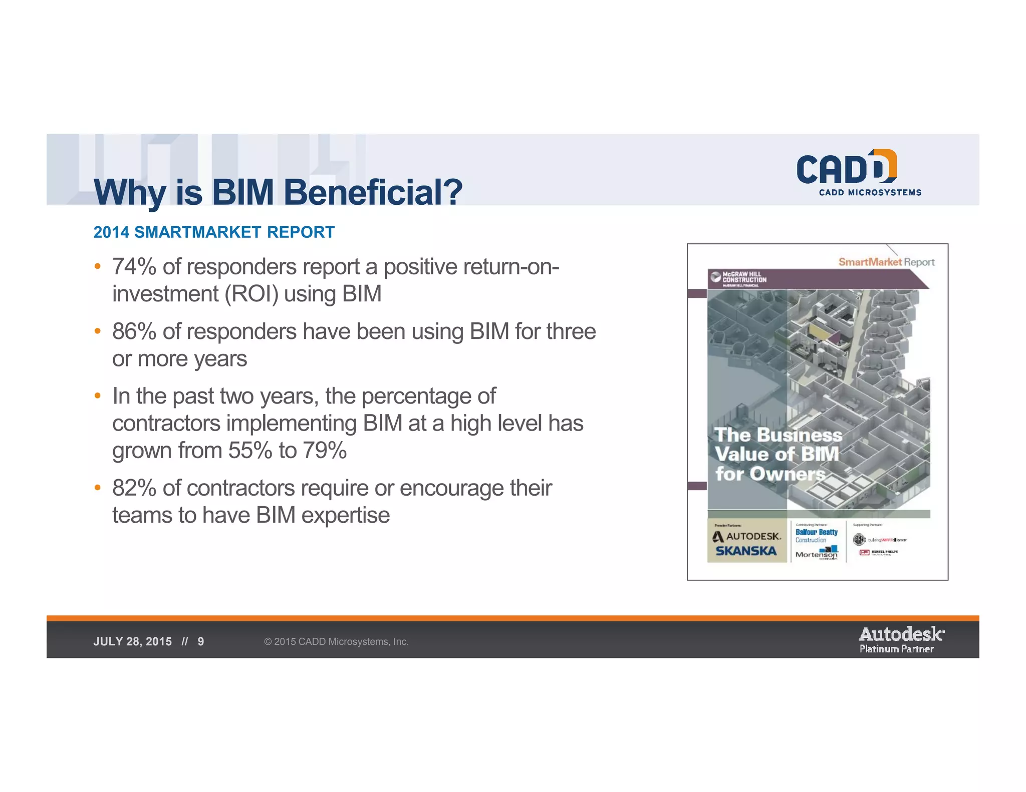 Why is BIM Beneficial?
2014 SMARTMARKET REPORT
© 2015 CADD Microsystems, Inc.JULY 28, 2015 // 9
• 74% of responders report a positive return-on-
investment (ROI) using BIM
• 86% of responders have been using BIM for three
or more years
• In the past two years, the percentage of
contractors implementing BIM at a high level has
grown from 55% to 79%
• 82% of contractors require or encourage their
teams to have BIM expertise
 