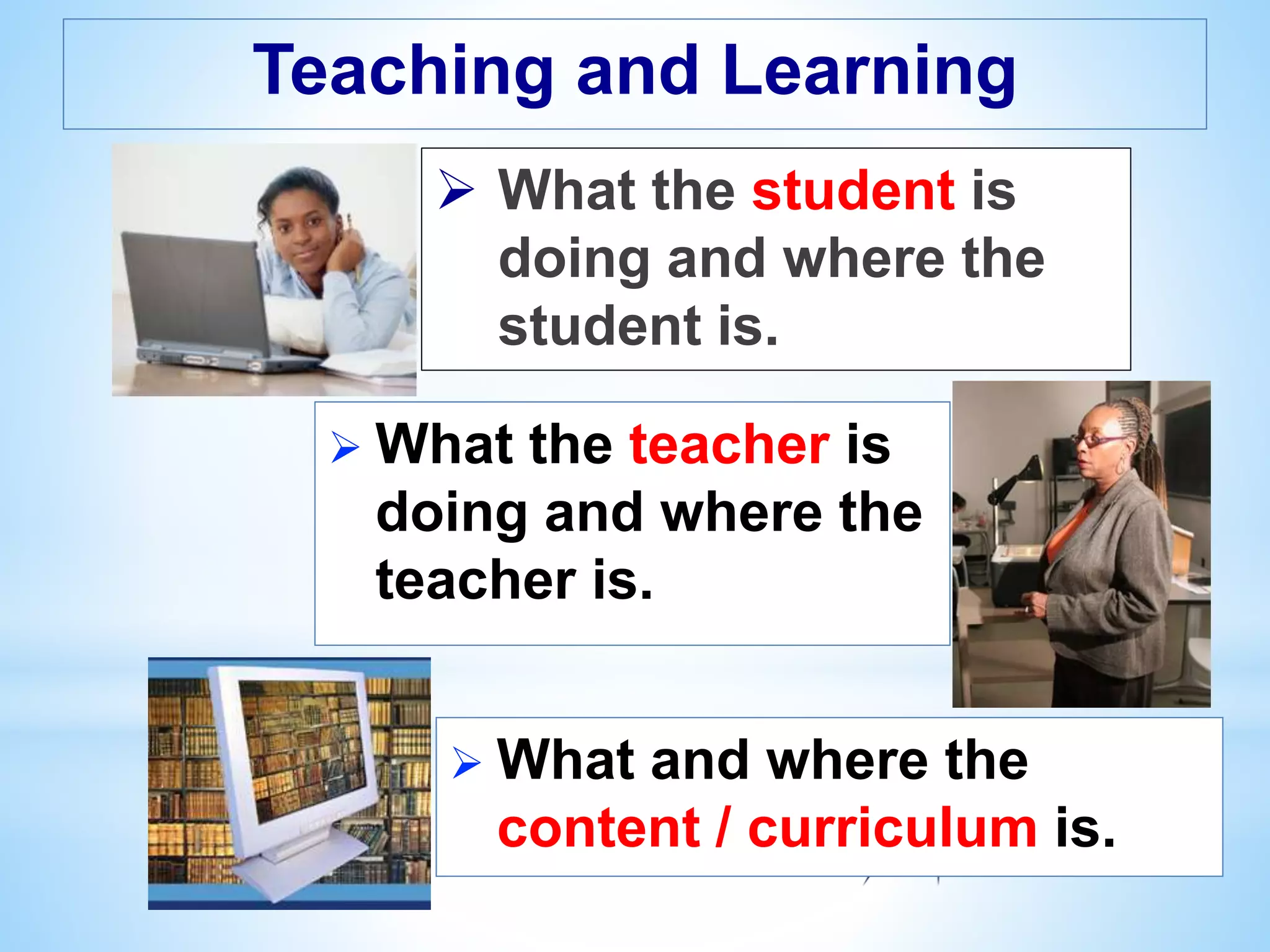 Teaching and Learning
 What the student is
doing and where the
student is.
 What the teacher is
doing and where the
teacher is.
 What and where the
content / curriculum is.
 