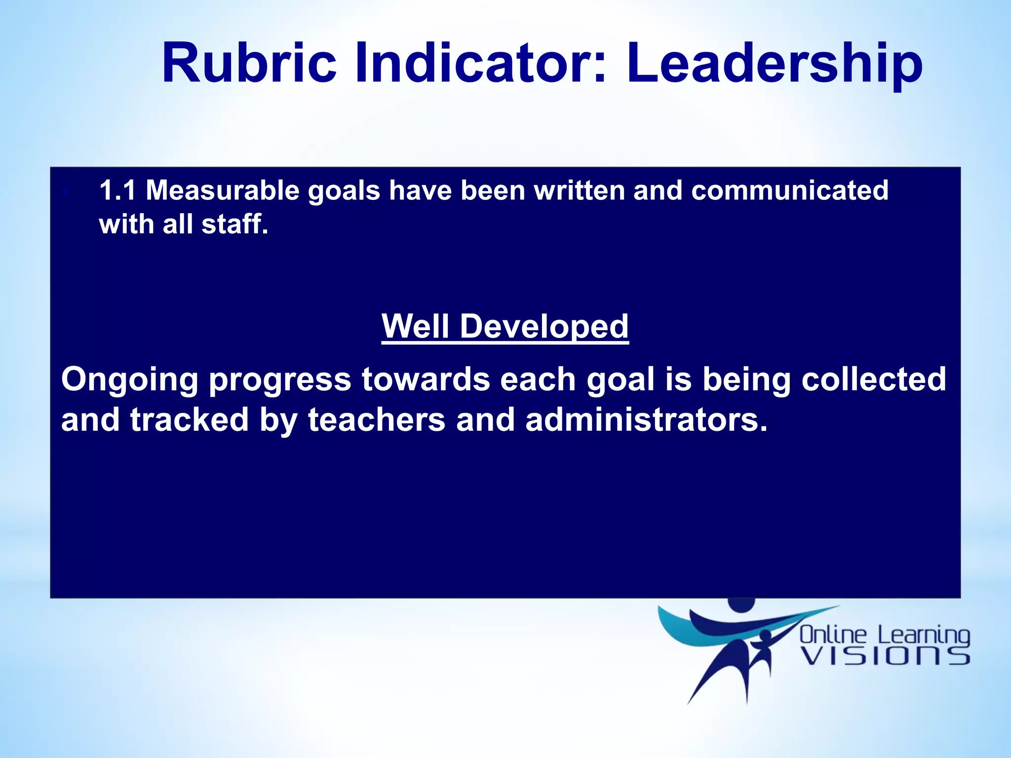 Rubric Indicator: Leadership
• 1.1 Measurable goals have been written and communicated
with all staff.
Well Developed
Ongoing progress towards each goal is being collected
and tracked by teachers and administrators.
 