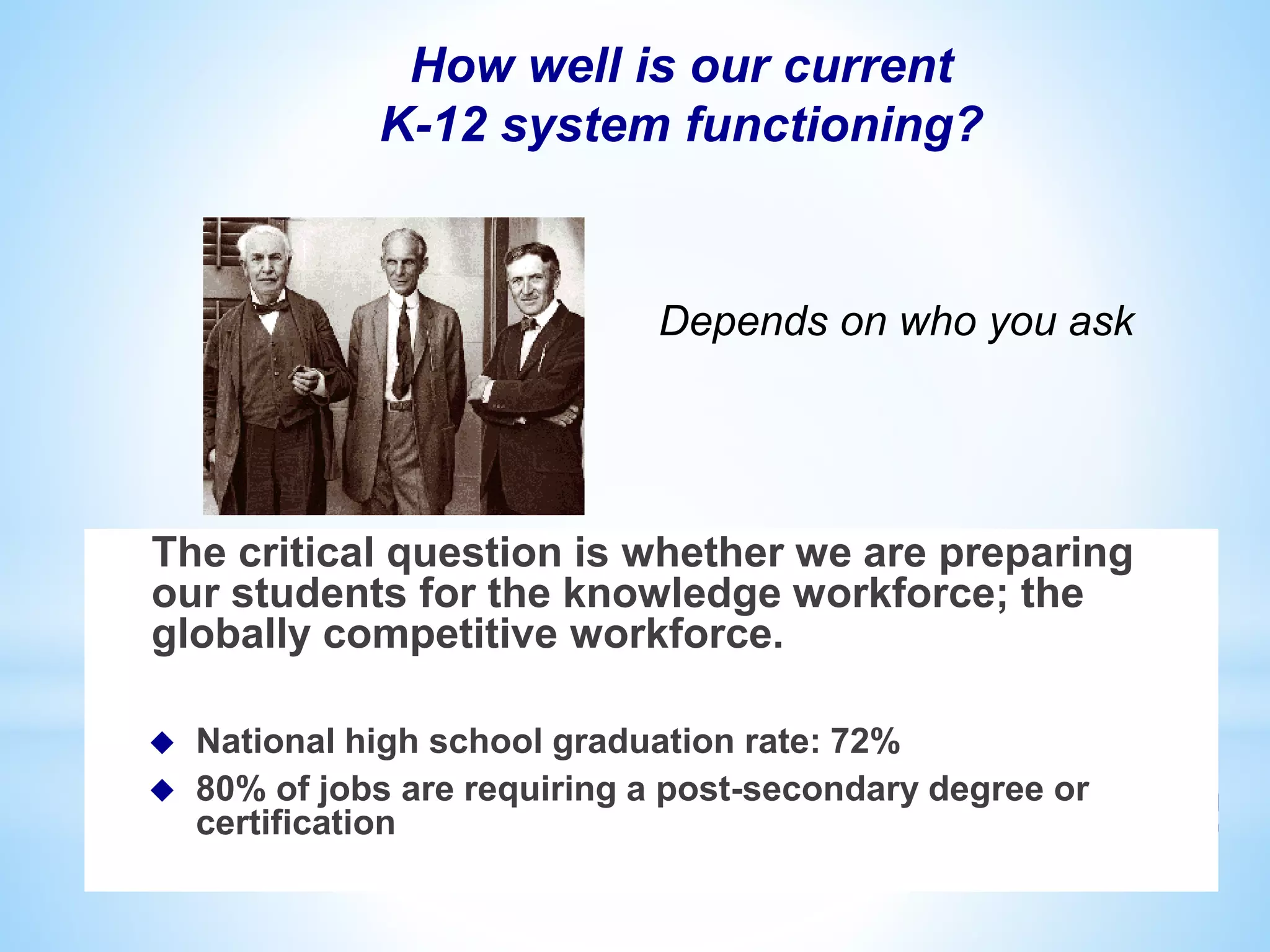 How well is our current
K-12 system functioning?
The critical question is whether we are preparing
our students for the knowledge workforce; the
globally competitive workforce.
 National high school graduation rate: 72%
 80% of jobs are requiring a post-secondary degree or
certification
Depends on who you ask
 