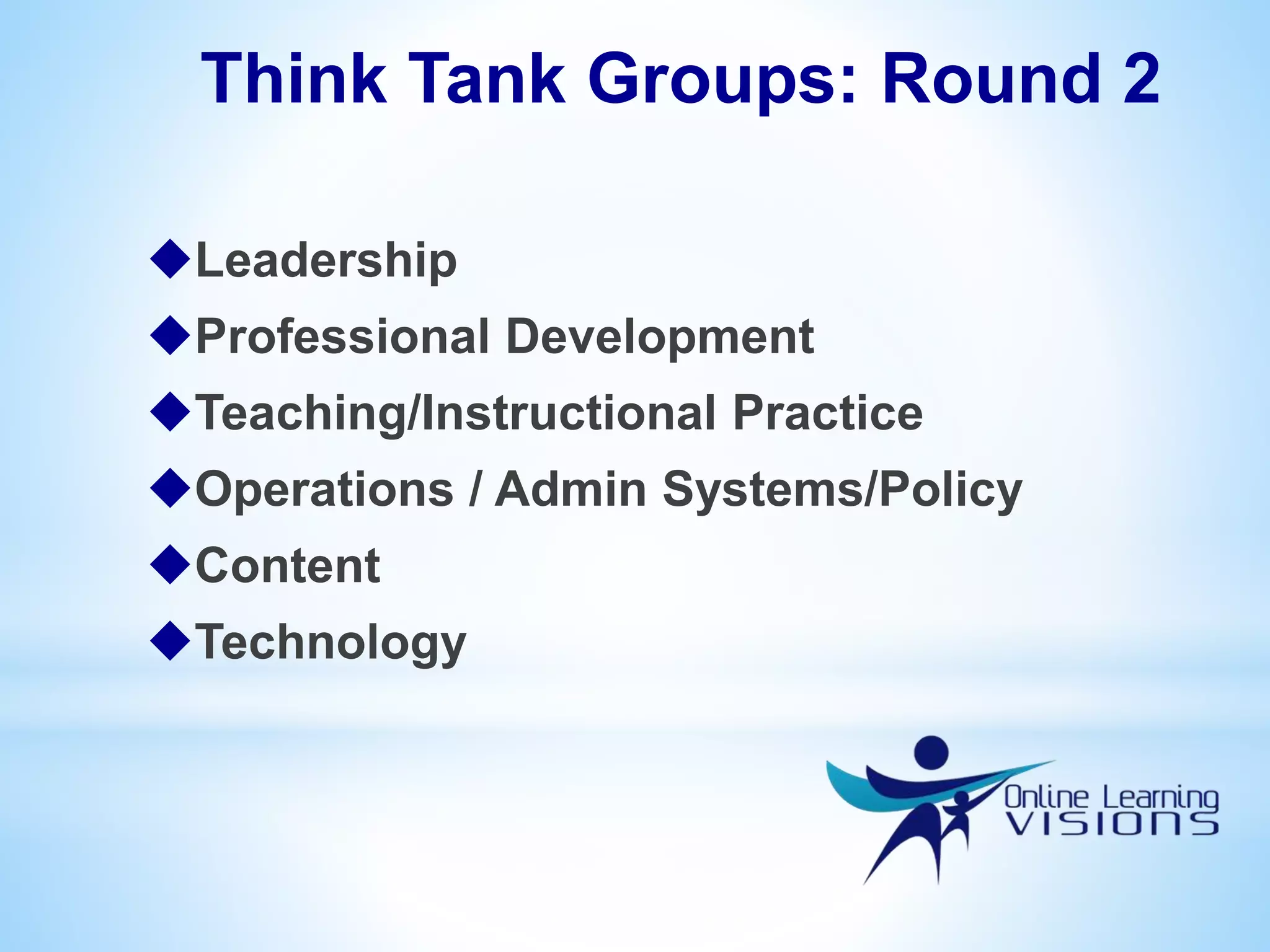Think Tank Groups: Round 2
Leadership
Professional Development
Teaching/Instructional Practice
Operations / Admin Systems/Policy
Content
Technology
 
