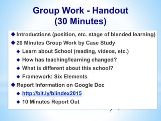Group Work - Handout
(30 Minutes)
Introductions (position, etc. stage of blended learning)
20 Minutes Group Work by Case Study
 Learn about School (reading, videos, etc.)
 How has teaching/learning changed?
 What is different about this school?
 Framework: Six Elements
Report Information on Google Doc
 http://bit.ly/blindex2015
 10 Minutes Report Out
 