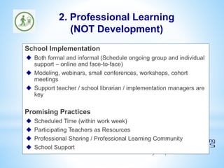 School Implementation
 Both formal and informal (Schedule ongoing group and individual
support – online and face-to-face)
 Modeling, webinars, small conferences, workshops, cohort
meetings
 Support teacher / school librarian / implementation managers are
key
Promising Practices
 Scheduled Time (within work week)
 Participating Teachers as Resources
 Professional Sharing / Professional Learning Community
 School Support
2. Professional Learning
(NOT Development)
 