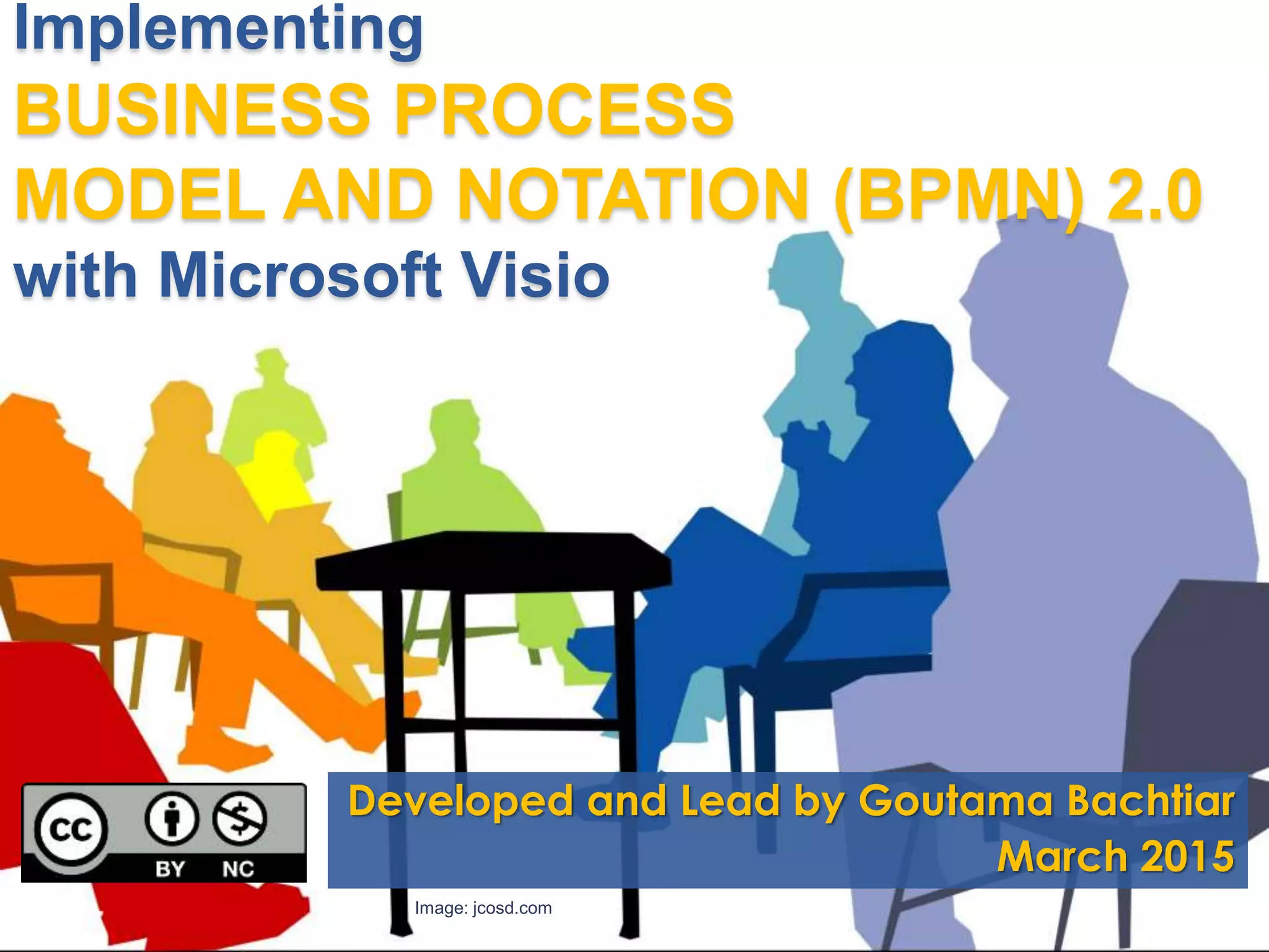 Implementing
BUSINESS PROCESS
MODEL AND NOTATION (BPMN) 2.0
with Microsoft Visio
Developed and Lead by Goutama Bachtiar
March 2015
Image: jcosd.com
 