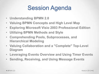 Session Agenda
• Understanding BPMN 2.0
• Valuing BPMN Concepts and High Level Map
• Exploring Microsoft Visio 2003 Professional Edition
• Utilizing BPMN Methods and Style
• Comprehending Pools, Subprocesses, and
Hierarchical Modeling
• Valuing Collaboration and a "Complete" Top-Level
Diagram
• Leveraging Events Overview and Using Timer Events
• Sending, Receiving, and Using Message Events
March 2015BPMN 2.0 2
 
