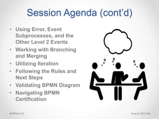 Session Agenda (cont’d)
• Using Error, Event
Subprocesses, and the
Other Level 2 Events
• Working with Branching
and Merging
• Utilizing Iteration
• Following the Rules and
Next Steps
• Validating BPMN Diagram
• Navigating BPMN
Certification
March 2015BPMN 2.0 3
 