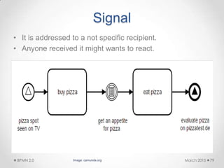 Signal
• It is addressed to a not specific recipient.
• Anyone received it might wants to react.
March 2015BPMN 2.0 79Image: camunda.org
 