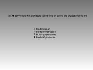 BIM deliverable that architects spend time on during the project phases are
 Model design
 Model construction
 Building operations
 Model Optimization
 
