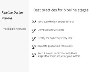 Pipeline Design
Pattern
Best practices for pipeline stages
Typical pipeline stages
Keep everything in source control
Only build artefacts once
Replicate production constraints
Deploy the same way every time
Keep it simple, implement only those
stages that make sense for your system
 