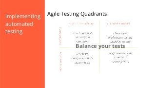Implementing
automated
testing

Agile Testing Quadrants

Balance your tests

 