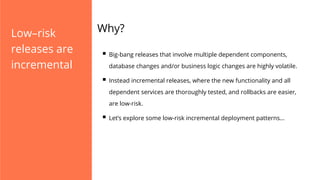 Low–risk
releases are
incremental

Why?
§  Big-bang releases that involve multiple dependent components,
database changes and/or business logic changes are highly volatile.

§  Instead incremental releases, where the new functionality and all
dependent services are thoroughly tested, and rollbacks are easier,
are low-risk.

§  Let’s explore some low-risk incremental deployment patterns…

 