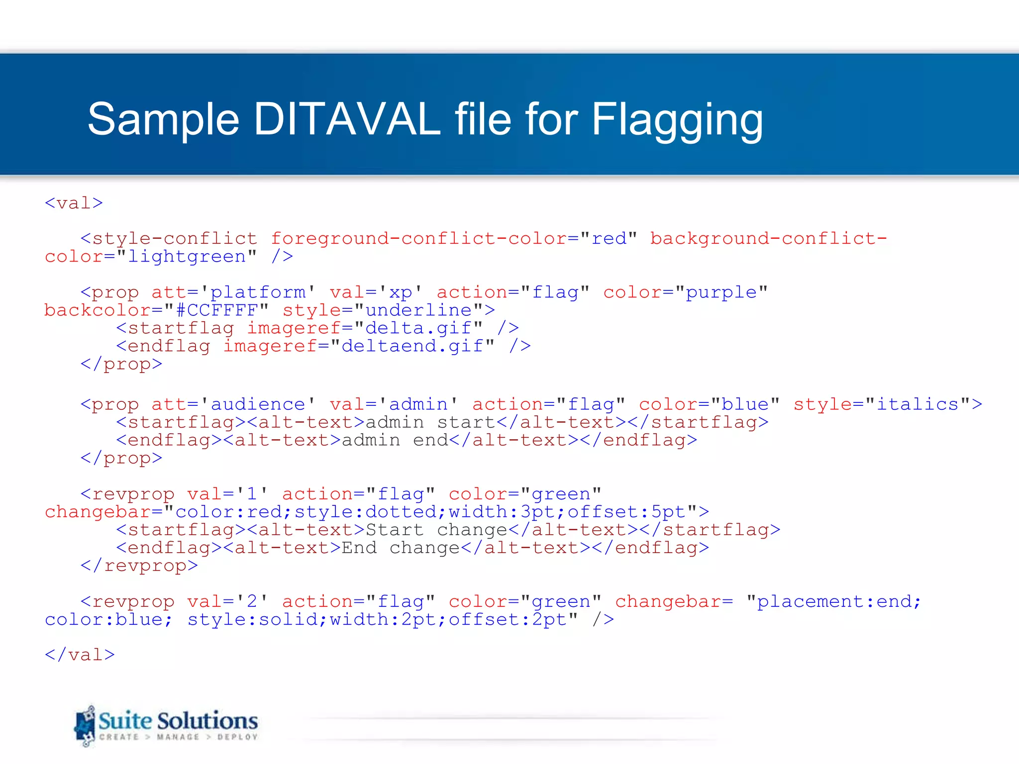 Sample DITAVAL file for Flagging < val > < style-conflict   foreground-conflict-color = &quot; red &quot;   background-conflict-color = &quot; lightgreen &quot;  />   < prop   att = ' platform '   val = ' xp '   action = &quot; flag &quot;   color = &quot; purple &quot;   backcolor = &quot; #CCFFFF &quot;   style = &quot; underline &quot; > < startflag   imageref = &quot; delta.gif &quot;  /> < endflag   imageref = &quot; deltaend.gif &quot;  /> </ prop > < prop   att = ' audience '   val = ' admin '   action = &quot; flag &quot;   color = &quot; blue &quot;   style = &quot; italics &quot; > < startflag >< alt-text > admin start </ alt-text ></ startflag > < endflag >< alt-text > admin end </ alt-text ></ endflag > </ prop >   < revprop   val = ' 1 '   action = &quot; flag &quot;   color = &quot; green &quot;   changebar = &quot; color:red;style:dotted;width:3pt;offset:5pt &quot; > < startflag >< alt-text > Start change </ alt-text > </ startflag > < endflag >< alt-text > End change </ alt-text ></ endflag > </ revprop >   < revprop   val = ' 2 '   action = &quot; flag &quot;   color = &quot; green &quot;   changebar =  &quot; placement:end; color:blue; style:solid;width:2pt;offset:2pt &quot; / > </ val > 