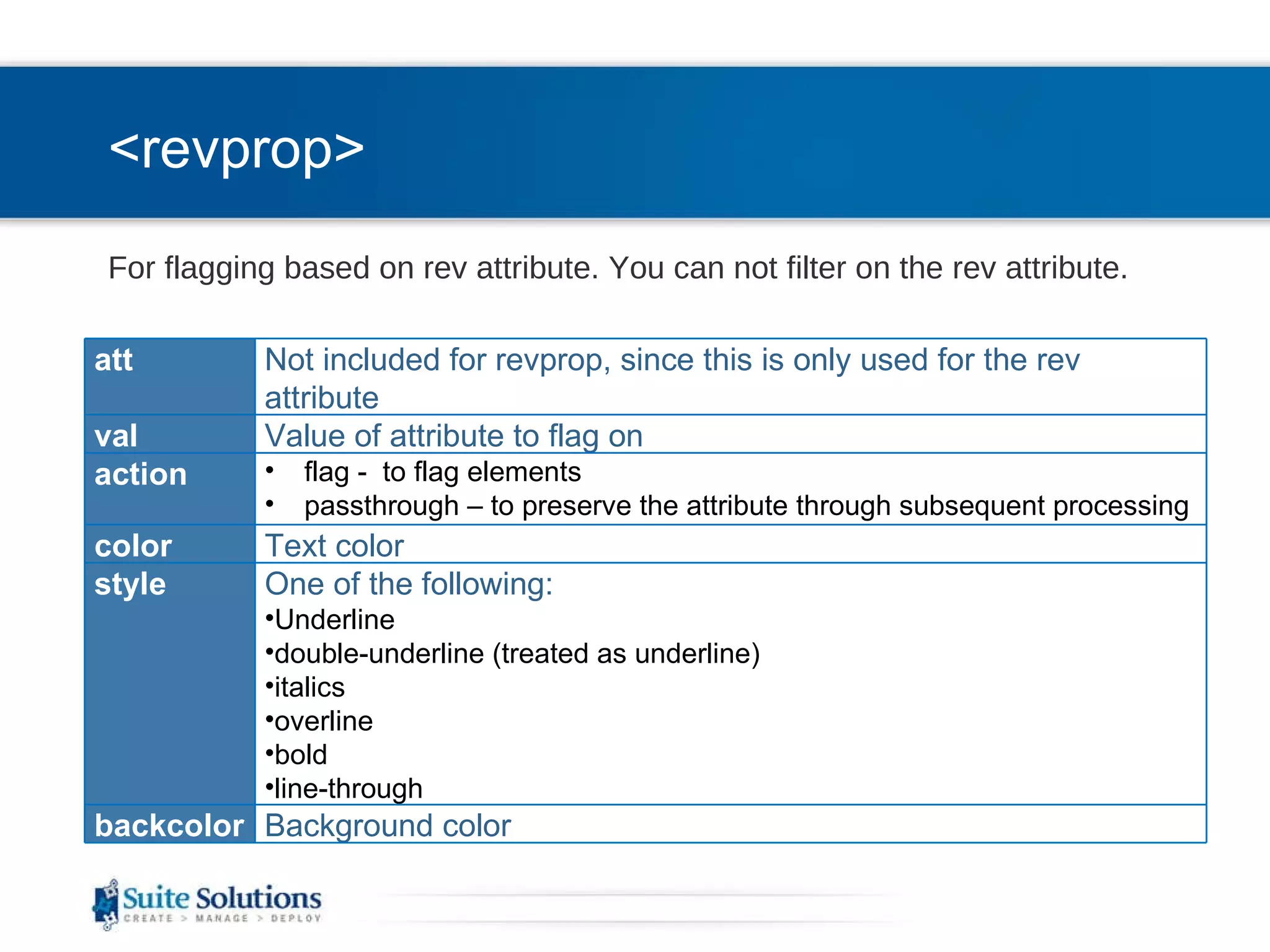 <revprop> For flagging based on rev attribute. You can not filter on the rev attribute. att Not included for revprop, since this is only used for the rev attribute val Value of attribute to flag on  action flag -  to flag elements  passthrough – to preserve the attribute through subsequent processing color Text color style One of the following: Underline double-underline (treated as underline) italics overline bold line-through backcolor Background color 