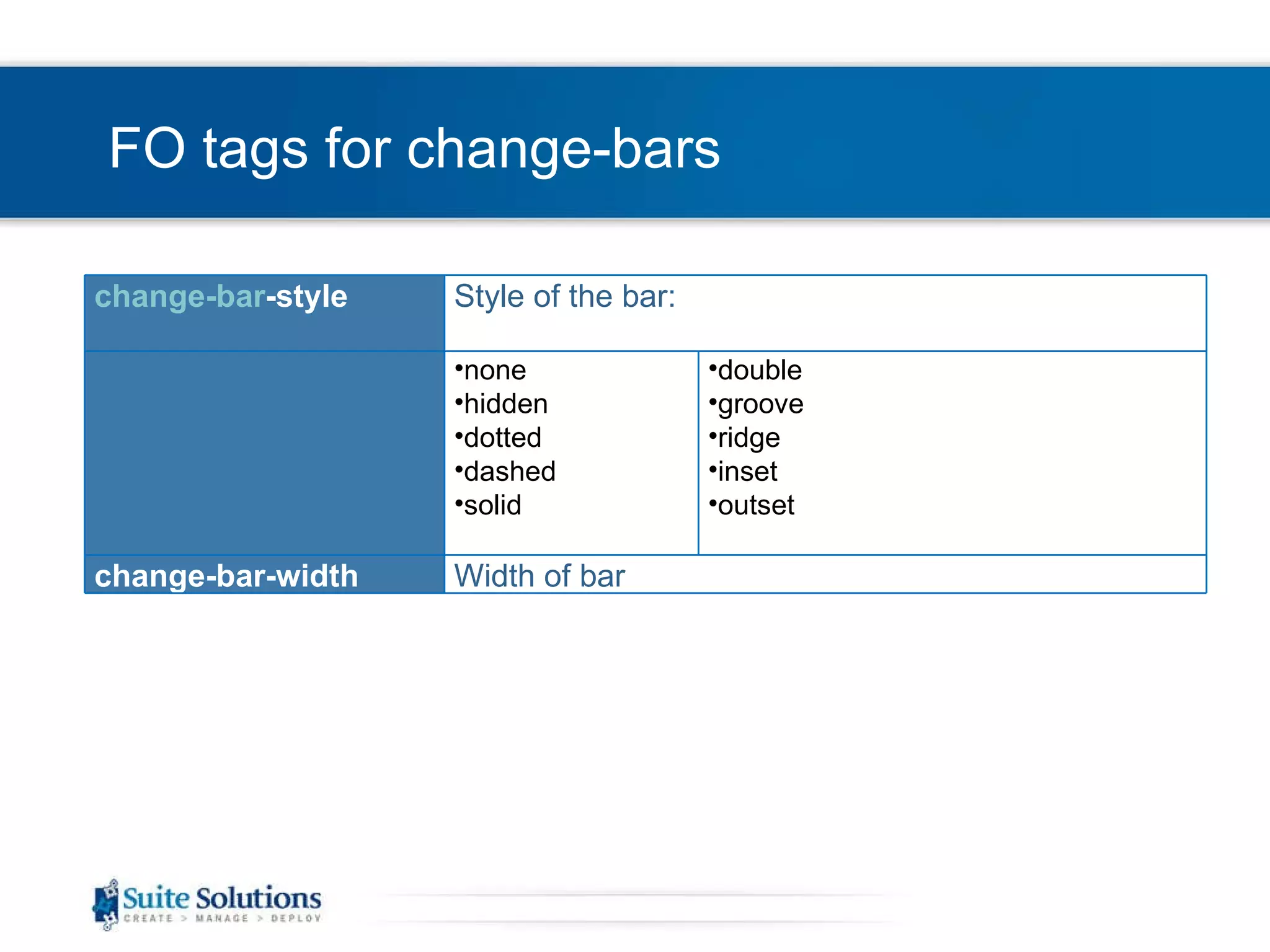FO tags for change-bars Style of the bar: change-bar -style none  hidden  dotted  dashed  solid  double  groove  ridge  inset  outset change-bar-width Width of bar 