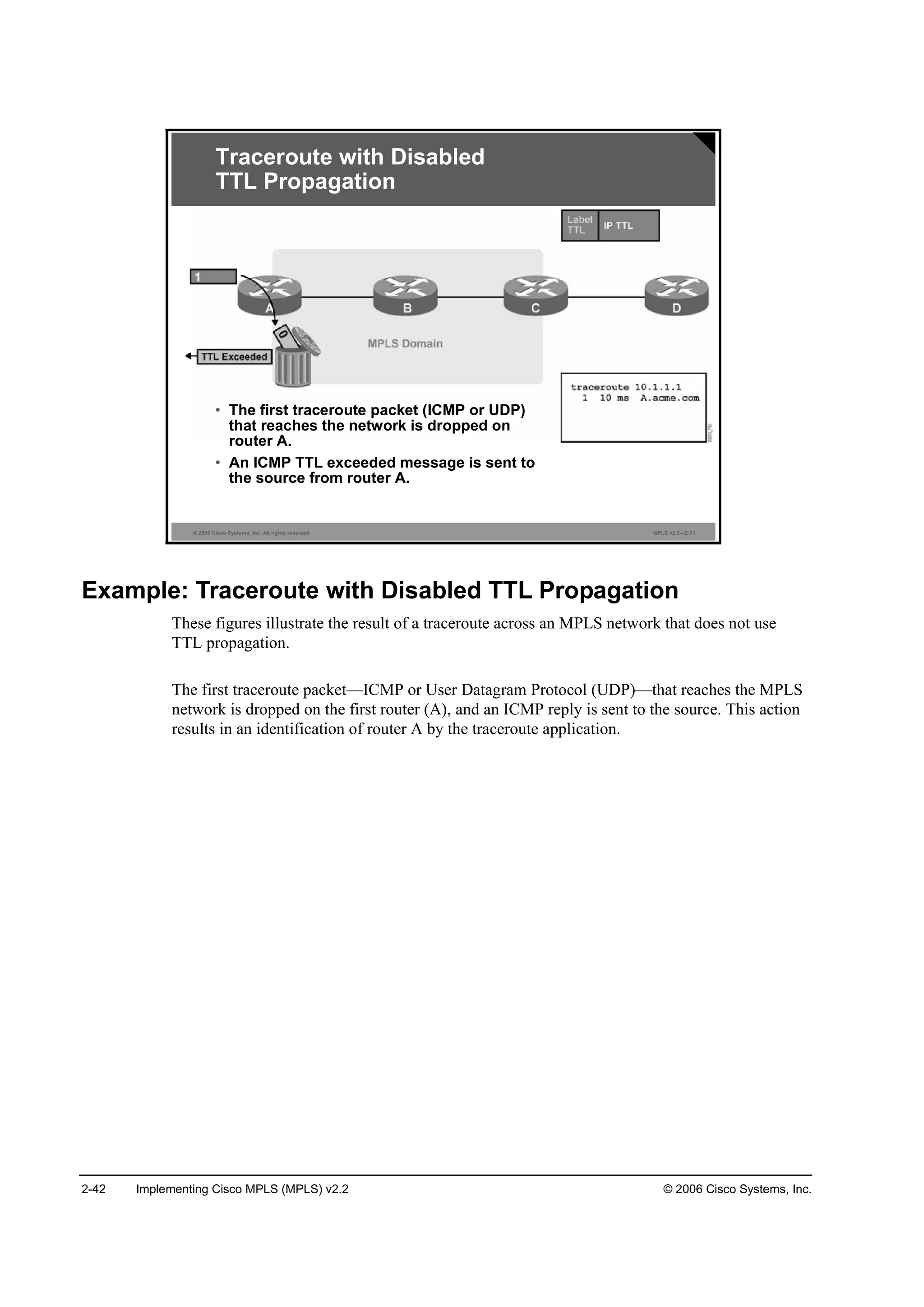 2-42 Implementing Cisco MPLS (MPLS) v2.2 © 2006 Cisco Systems, Inc.
© 2006 Cisco Systems, Inc. All rights reserved. MPLS v2.2—2-31
Traceroute with Disabled
TTL Propagation
• The first traceroute packet (ICMP or UDP)
that reaches the network is dropped on
router A.
• An ICMP TTL exceeded message is sent to
the source from router A.
Example: Traceroute with Disabled TTL Propagation
These figures illustrate the result of a traceroute across an MPLS network that does not use
TTL propagation.
The first traceroute packet—ICMP or User Datagram Protocol (UDP)—that reaches the MPLS
network is dropped on the first router (A), and an ICMP reply is sent to the source. This action
results in an identification of router A by the traceroute application.
 