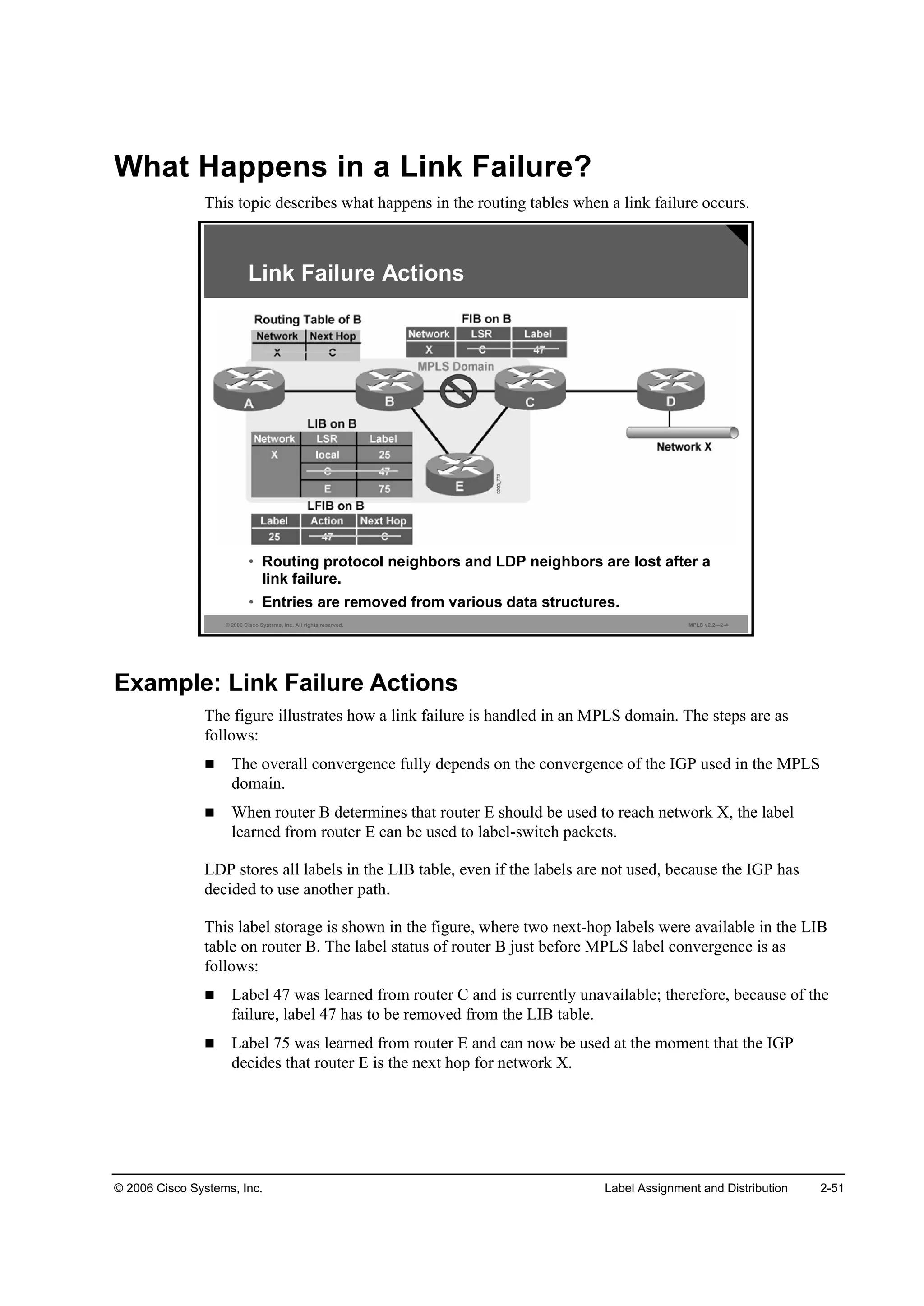 © 2006 Cisco Systems, Inc. Label Assignment and Distribution 2-51
What Happens in a Link Failure?
This topic describes what happens in the routing tables when a link failure occurs.
© 2006 Cisco Systems, Inc. All rights reserved. MPLS v2.2—2-4
Link Failure Actions
• Routing protocol neighbors and LDP neighbors are lost after a
link failure.
• Entries are removed from various data structures.
Example: Link Failure Actions
The figure illustrates how a link failure is handled in an MPLS domain. The steps are as
follows:
The overall convergence fully depends on the convergence of the IGP used in the MPLS
domain.
When router B determines that router E should be used to reach network X, the label
learned from router E can be used to label-switch packets.
LDP stores all labels in the LIB table, even if the labels are not used, because the IGP has
decided to use another path.
This label storage is shown in the figure, where two next-hop labels were available in the LIB
table on router B. The label status of router B just before MPLS label convergence is as
follows:
Label 47 was learned from router C and is currently unavailable; therefore, because of the
failure, label 47 has to be removed from the LIB table.
Label 75 was learned from router E and can now be used at the moment that the IGP
decides that router E is the next hop for network X.
 