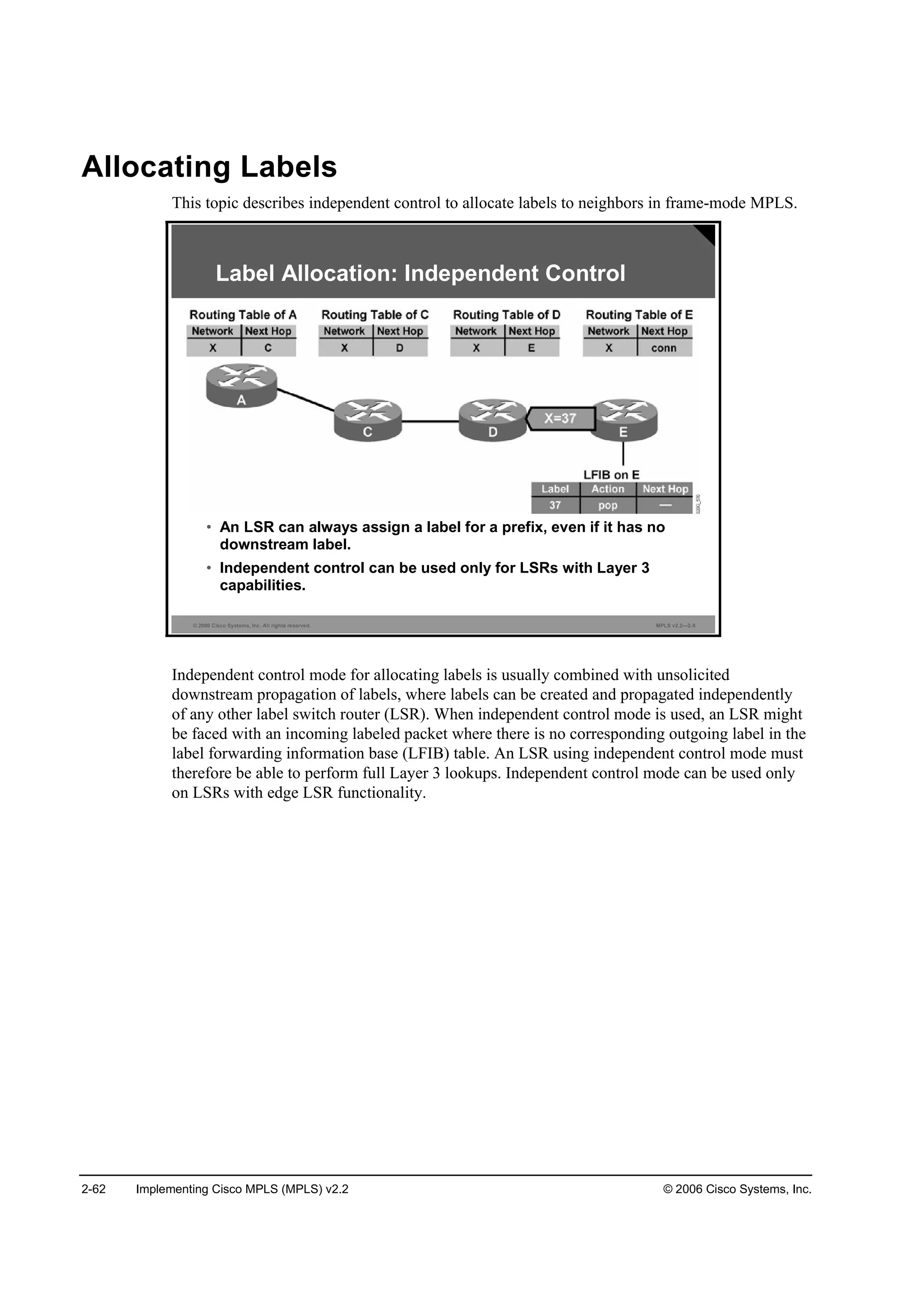 2-62 Implementing Cisco MPLS (MPLS) v2.2 © 2006 Cisco Systems, Inc.
Allocating Labels
This topic describes independent control to allocate labels to neighbors in frame-mode MPLS.
© 2006 Cisco Systems, Inc. All rights reserved. MPLS v2.2—2-5
Label Allocation: Independent Control
• An LSR can always assign a label for a prefix, even if it has no
downstream label.
• Independent control can be used only for LSRs with Layer 3
capabilities.
Independent control mode for allocating labels is usually combined with unsolicited
downstream propagation of labels, where labels can be created and propagated independently
of any other label switch router (LSR). When independent control mode is used, an LSR might
be faced with an incoming labeled packet where there is no corresponding outgoing label in the
label forwarding information base (LFIB) table. An LSR using independent control mode must
therefore be able to perform full Layer 3 lookups. Independent control mode can be used only
on LSRs with edge LSR functionality.
 
