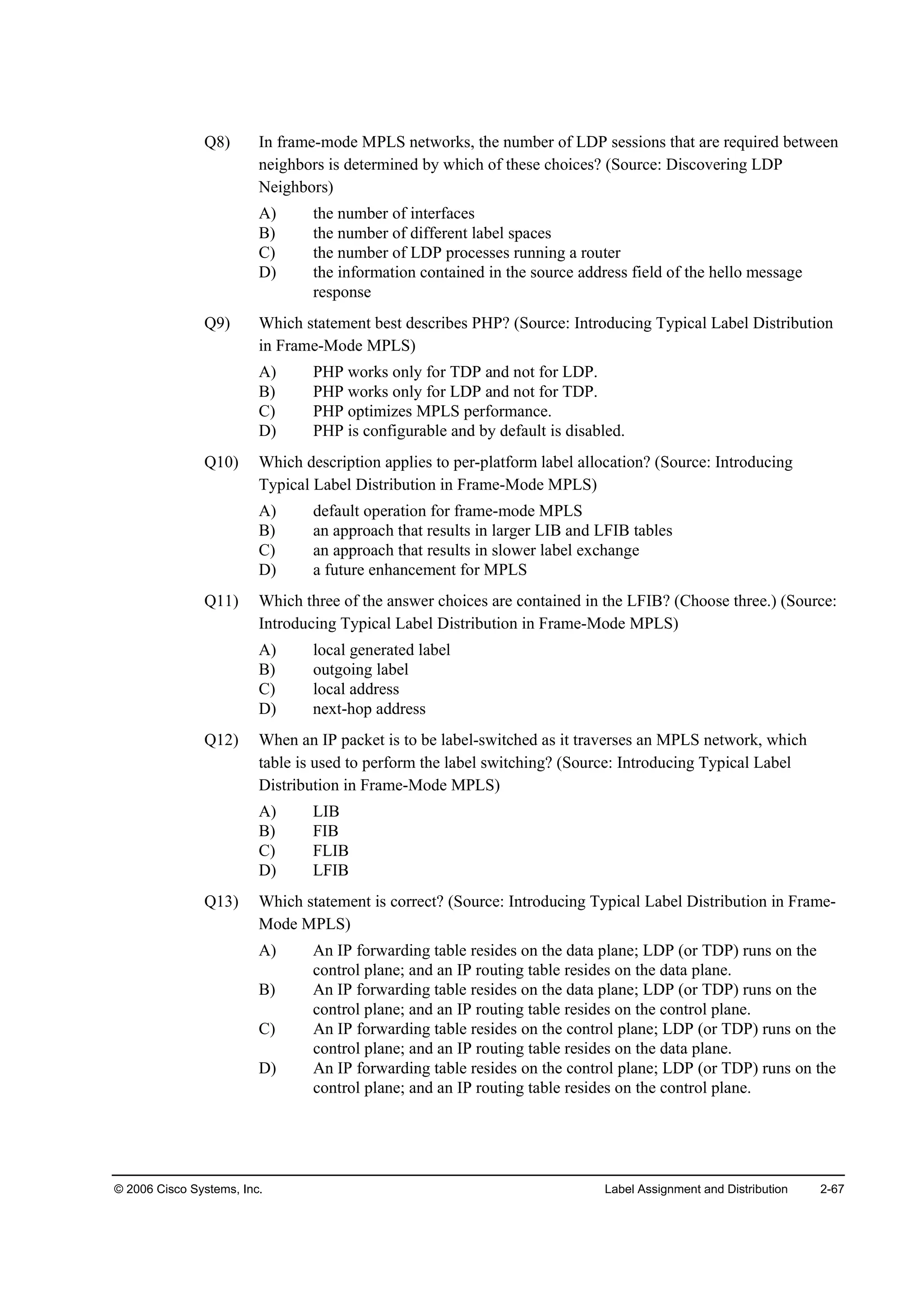 © 2006 Cisco Systems, Inc. Label Assignment and Distribution 2-67
Q8) In frame-mode MPLS networks, the number of LDP sessions that are required between
neighbors is determined by which of these choices? (Source: Discovering LDP
Neighbors)
A) the number of interfaces
B) the number of different label spaces
C) the number of LDP processes running a router
D) the information contained in the source address field of the hello message
response
Q9) Which statement best describes PHP? (Source: Introducing Typical Label Distribution
in Frame-Mode MPLS)
A) PHP works only for TDP and not for LDP.
B) PHP works only for LDP and not for TDP.
C) PHP optimizes MPLS performance.
D) PHP is configurable and by default is disabled.
Q10) Which description applies to per-platform label allocation? (Source: Introducing
Typical Label Distribution in Frame-Mode MPLS)
A) default operation for frame-mode MPLS
B) an approach that results in larger LIB and LFIB tables
C) an approach that results in slower label exchange
D) a future enhancement for MPLS
Q11) Which three of the answer choices are contained in the LFIB? (Choose three.) (Source:
Introducing Typical Label Distribution in Frame-Mode MPLS)
A) local generated label
B) outgoing label
C) local address
D) next-hop address
Q12) When an IP packet is to be label-switched as it traverses an MPLS network, which
table is used to perform the label switching? (Source: Introducing Typical Label
Distribution in Frame-Mode MPLS)
A) LIB
B) FIB
C) FLIB
D) LFIB
Q13) Which statement is correct? (Source: Introducing Typical Label Distribution in Frame-
Mode MPLS)
A) An IP forwarding table resides on the data plane; LDP (or TDP) runs on the
control plane; and an IP routing table resides on the data plane.
B) An IP forwarding table resides on the data plane; LDP (or TDP) runs on the
control plane; and an IP routing table resides on the control plane.
C) An IP forwarding table resides on the control plane; LDP (or TDP) runs on the
control plane; and an IP routing table resides on the data plane.
D) An IP forwarding table resides on the control plane; LDP (or TDP) runs on the
control plane; and an IP routing table resides on the control plane.
 