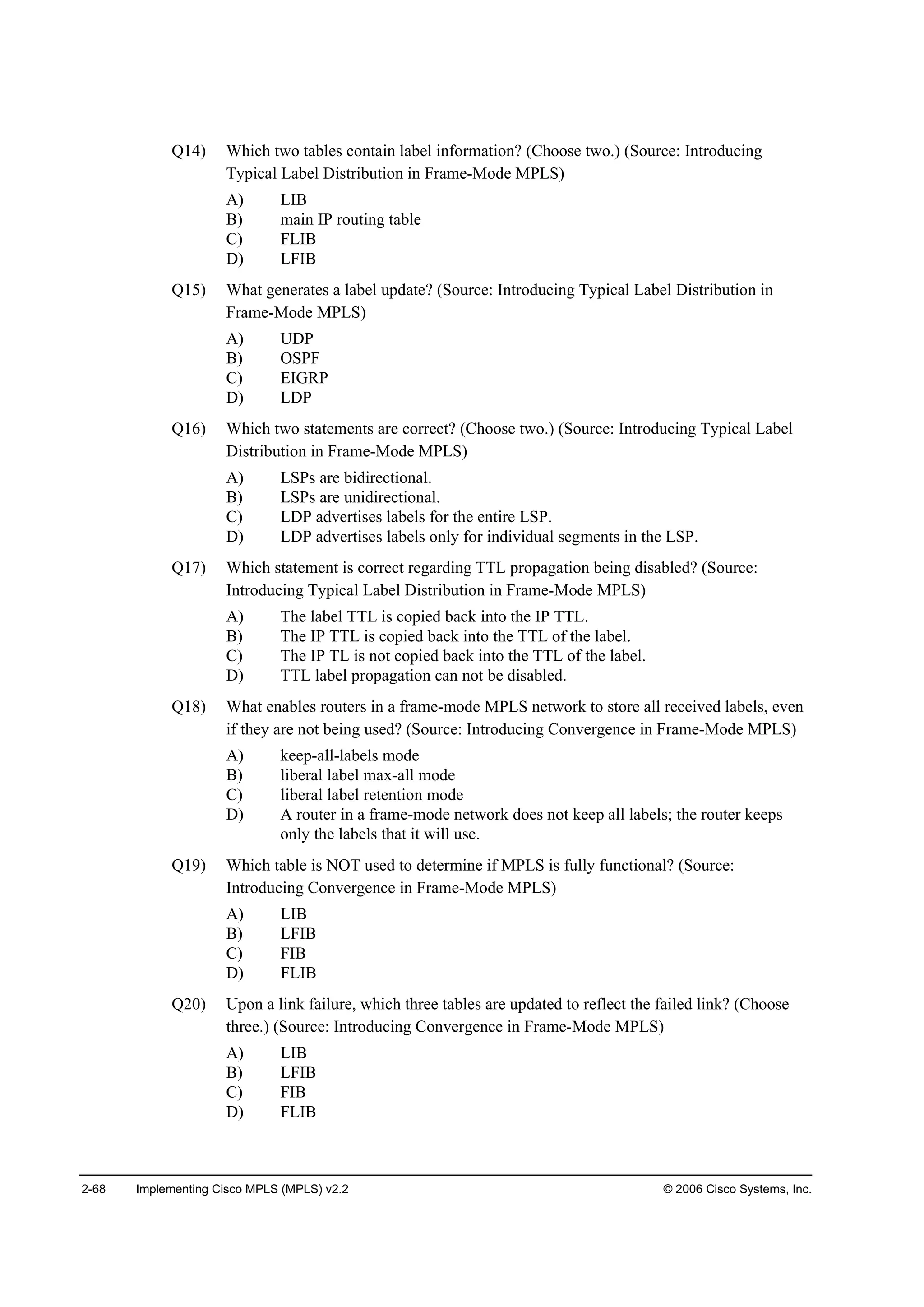 2-68 Implementing Cisco MPLS (MPLS) v2.2 © 2006 Cisco Systems, Inc.
Q14) Which two tables contain label information? (Choose two.) (Source: Introducing
Typical Label Distribution in Frame-Mode MPLS)
A) LIB
B) main IP routing table
C) FLIB
D) LFIB
Q15) What generates a label update? (Source: Introducing Typical Label Distribution in
Frame-Mode MPLS)
A) UDP
B) OSPF
C) EIGRP
D) LDP
Q16) Which two statements are correct? (Choose two.) (Source: Introducing Typical Label
Distribution in Frame-Mode MPLS)
A) LSPs are bidirectional.
B) LSPs are unidirectional.
C) LDP advertises labels for the entire LSP.
D) LDP advertises labels only for individual segments in the LSP.
Q17) Which statement is correct regarding TTL propagation being disabled? (Source:
Introducing Typical Label Distribution in Frame-Mode MPLS)
A) The label TTL is copied back into the IP TTL.
B) The IP TTL is copied back into the TTL of the label.
C) The IP TL is not copied back into the TTL of the label.
D) TTL label propagation can not be disabled.
Q18) What enables routers in a frame-mode MPLS network to store all received labels, even
if they are not being used? (Source: Introducing Convergence in Frame-Mode MPLS)
A) keep-all-labels mode
B) liberal label max-all mode
C) liberal label retention mode
D) A router in a frame-mode network does not keep all labels; the router keeps
only the labels that it will use.
Q19) Which table is NOT used to determine if MPLS is fully functional? (Source:
Introducing Convergence in Frame-Mode MPLS)
A) LIB
B) LFIB
C) FIB
D) FLIB
Q20) Upon a link failure, which three tables are updated to reflect the failed link? (Choose
three.) (Source: Introducing Convergence in Frame-Mode MPLS)
A) LIB
B) LFIB
C) FIB
D) FLIB
 