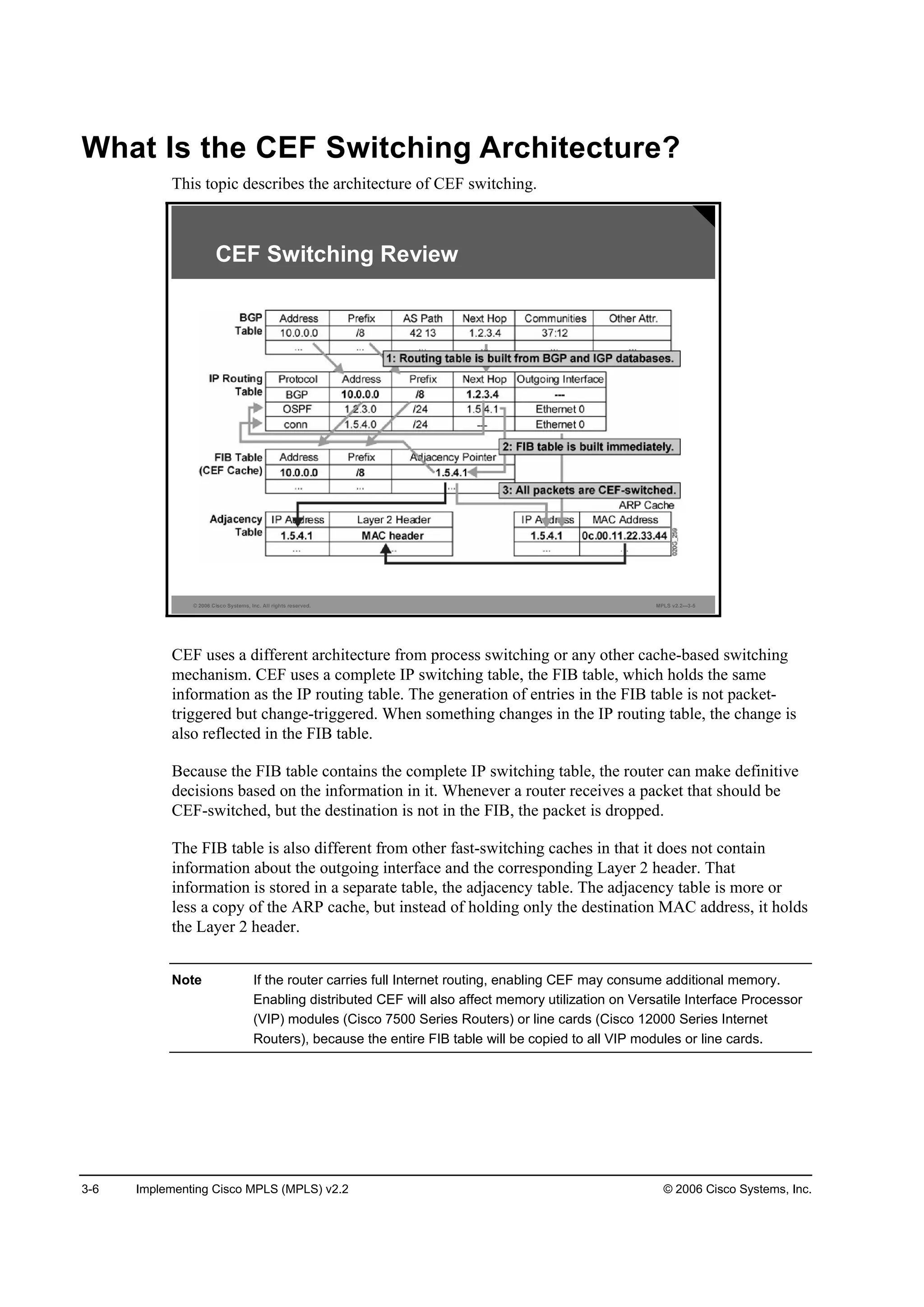 3-6 Implementing Cisco MPLS (MPLS) v2.2 © 2006 Cisco Systems, Inc.
What Is the CEF Switching Architecture?
This topic describes the architecture of CEF switching.
© 2006 Cisco Systems, Inc. All rights reserved. MPLS v2.2—3-5
CEF Switching Review
CEF uses a different architecture from process switching or any other cache-based switching
mechanism. CEF uses a complete IP switching table, the FIB table, which holds the same
information as the IP routing table. The generation of entries in the FIB table is not packet-
triggered but change-triggered. When something changes in the IP routing table, the change is
also reflected in the FIB table.
Because the FIB table contains the complete IP switching table, the router can make definitive
decisions based on the information in it. Whenever a router receives a packet that should be
CEF-switched, but the destination is not in the FIB, the packet is dropped.
The FIB table is also different from other fast-switching caches in that it does not contain
information about the outgoing interface and the corresponding Layer 2 header. That
information is stored in a separate table, the adjacency table. The adjacency table is more or
less a copy of the ARP cache, but instead of holding only the destination MAC address, it holds
the Layer 2 header.
Note If the router carries full Internet routing, enabling CEF may consume additional memory.
Enabling distributed CEF will also affect memory utilization on Versatile Interface Processor
(VIP) modules (Cisco 7500 Series Routers) or line cards (Cisco 12000 Series Internet
Routers), because the entire FIB table will be copied to all VIP modules or line cards.
 